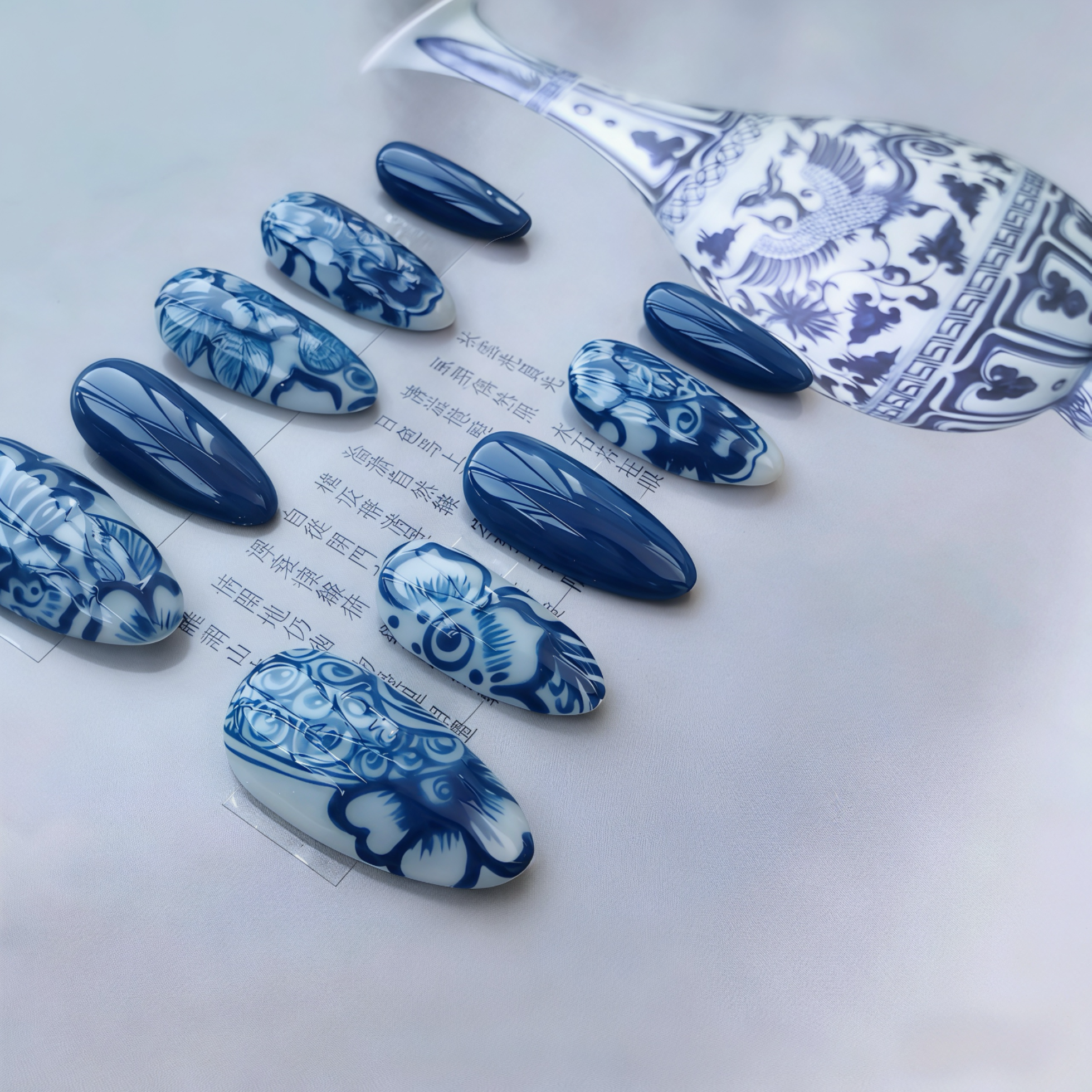 Blue and white patterned nail art designs on a white surface with a decorative vase in the background.