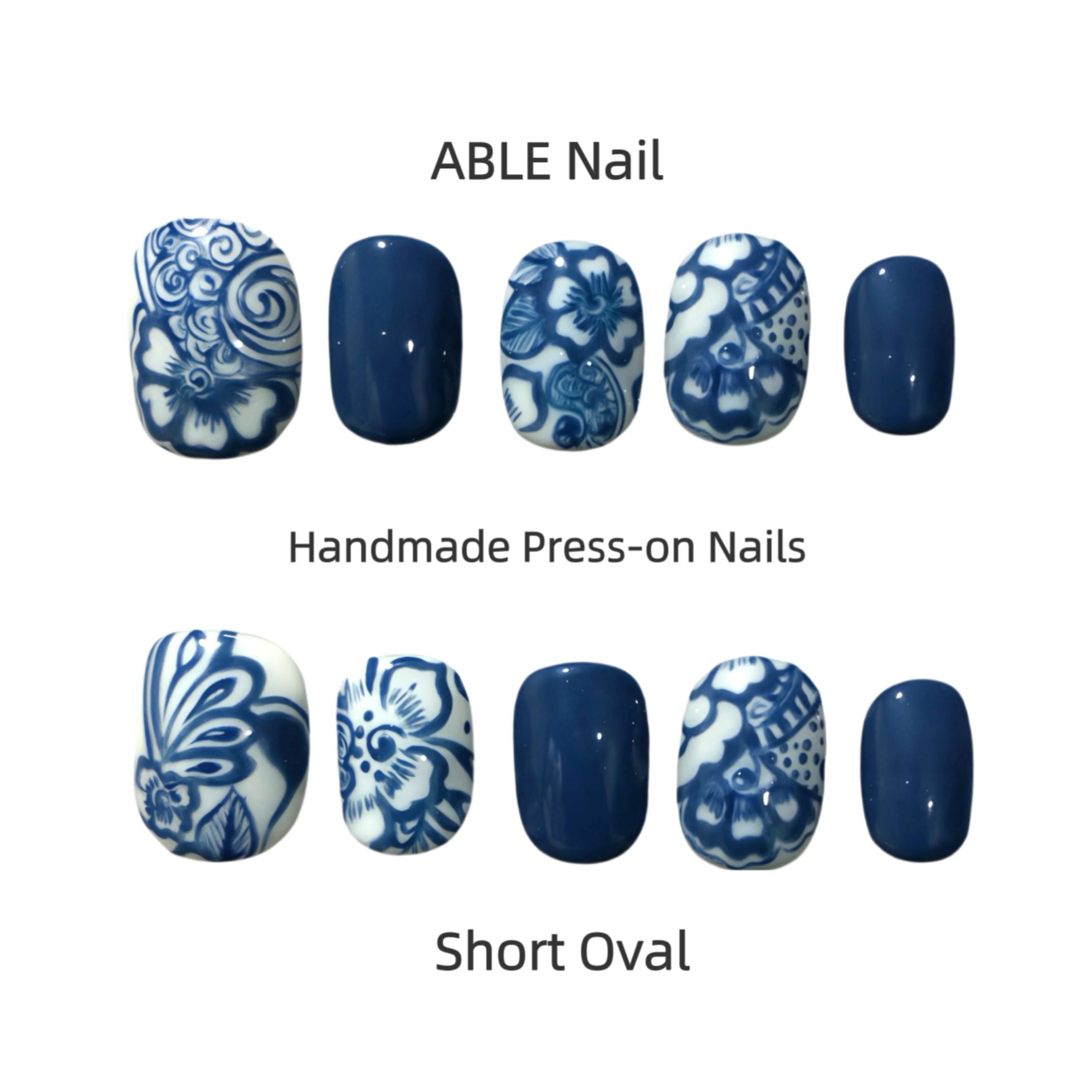Handmade press-on nails with blue and white designs on a white background, labeled 'ABLE Nail'.