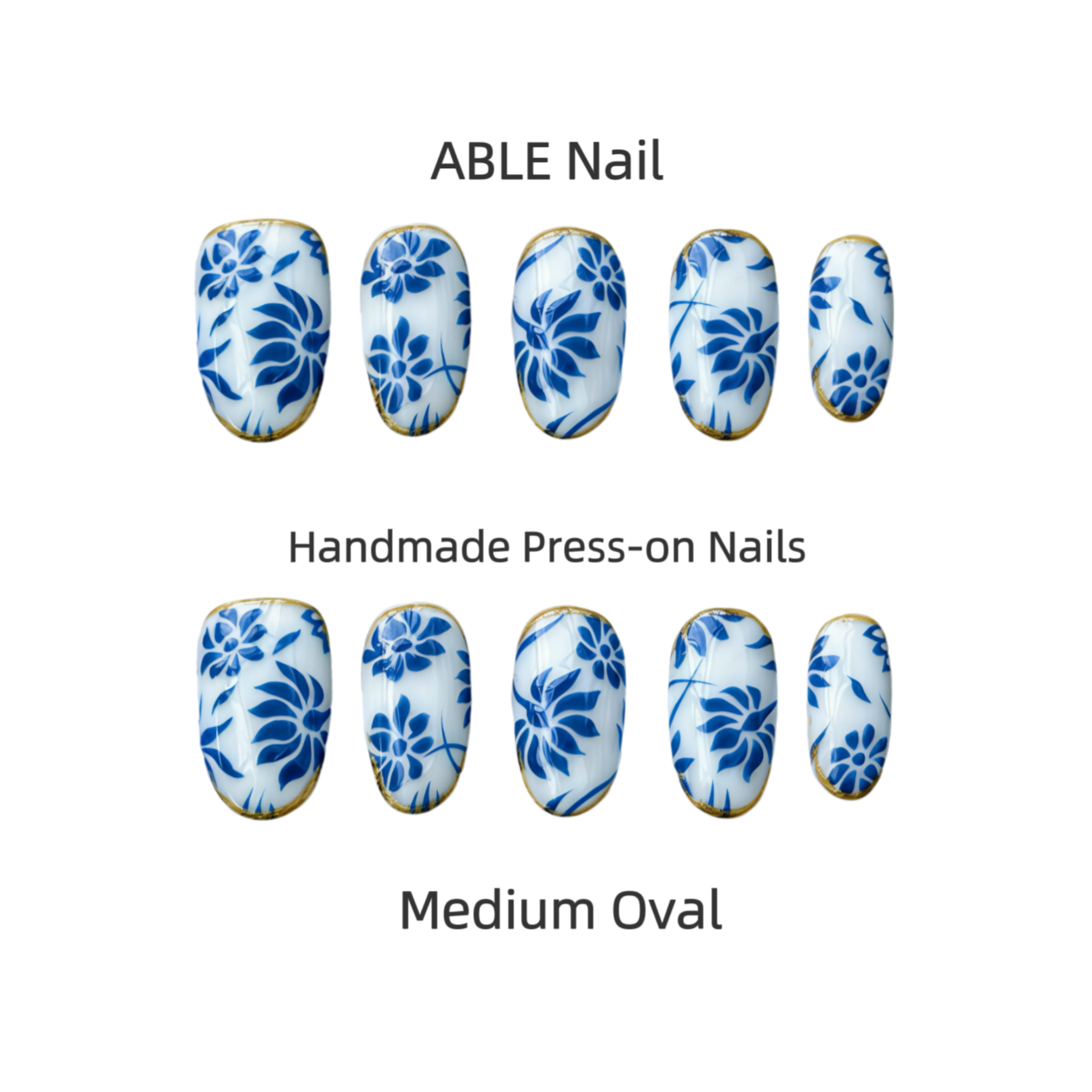 Handmade press-on nails with blue floral design on a white background, labeled 'ABLE Nail'.