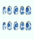 Set of blue floral nail designs on white background