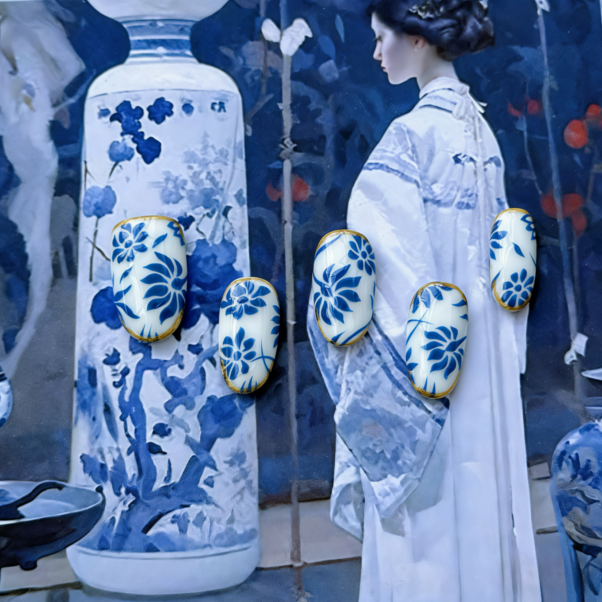 Woman in traditional attire holding decorative items with blue and white floral patterns, standing next to a large floral-patterned vase.