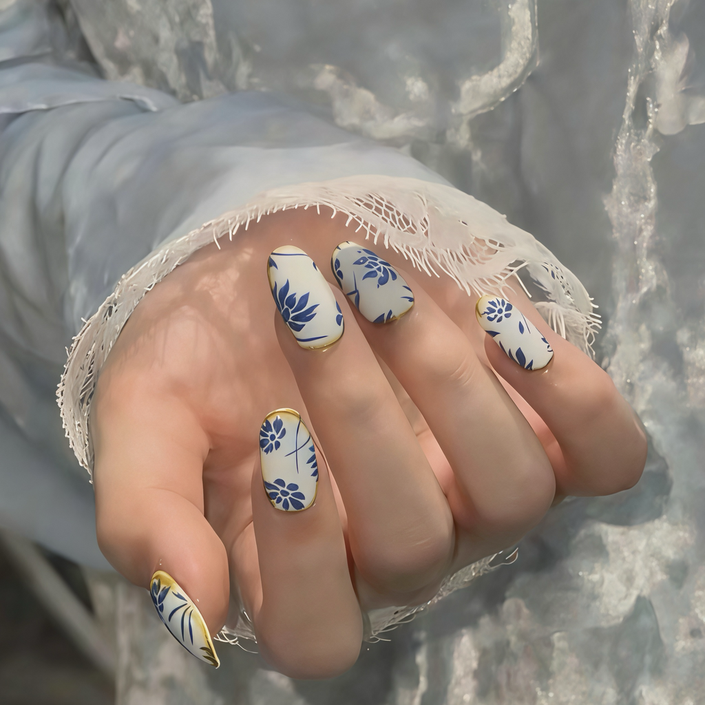 Hand with floral nail design holding a textured gray surface