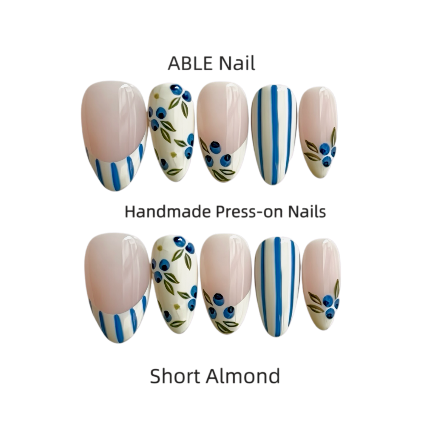 Handmade press-on nails with floral and striped designs on a white background, labeled 'ABLE Nail'.