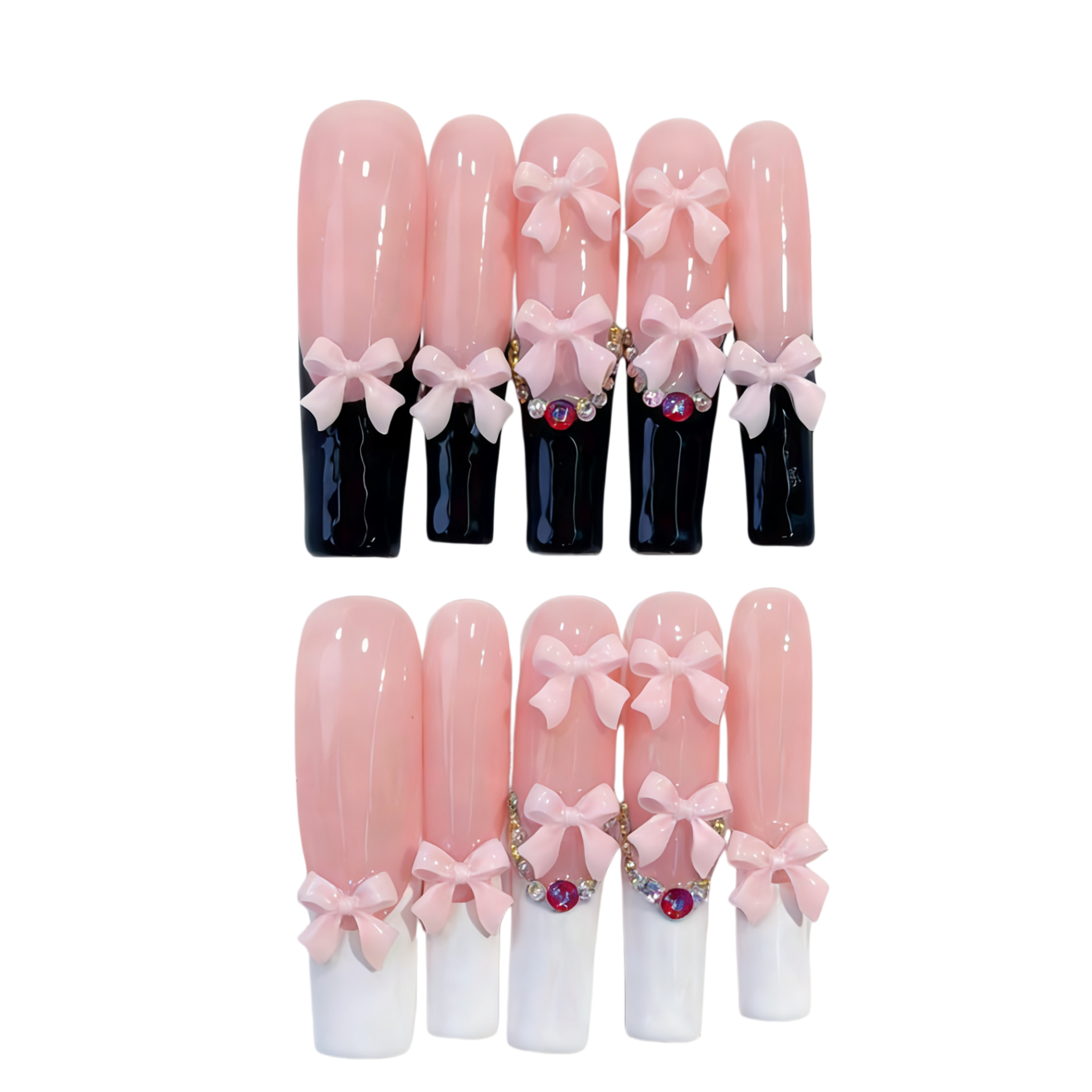 Set of decorative nail tips with pink bows and gemstones on a white background
