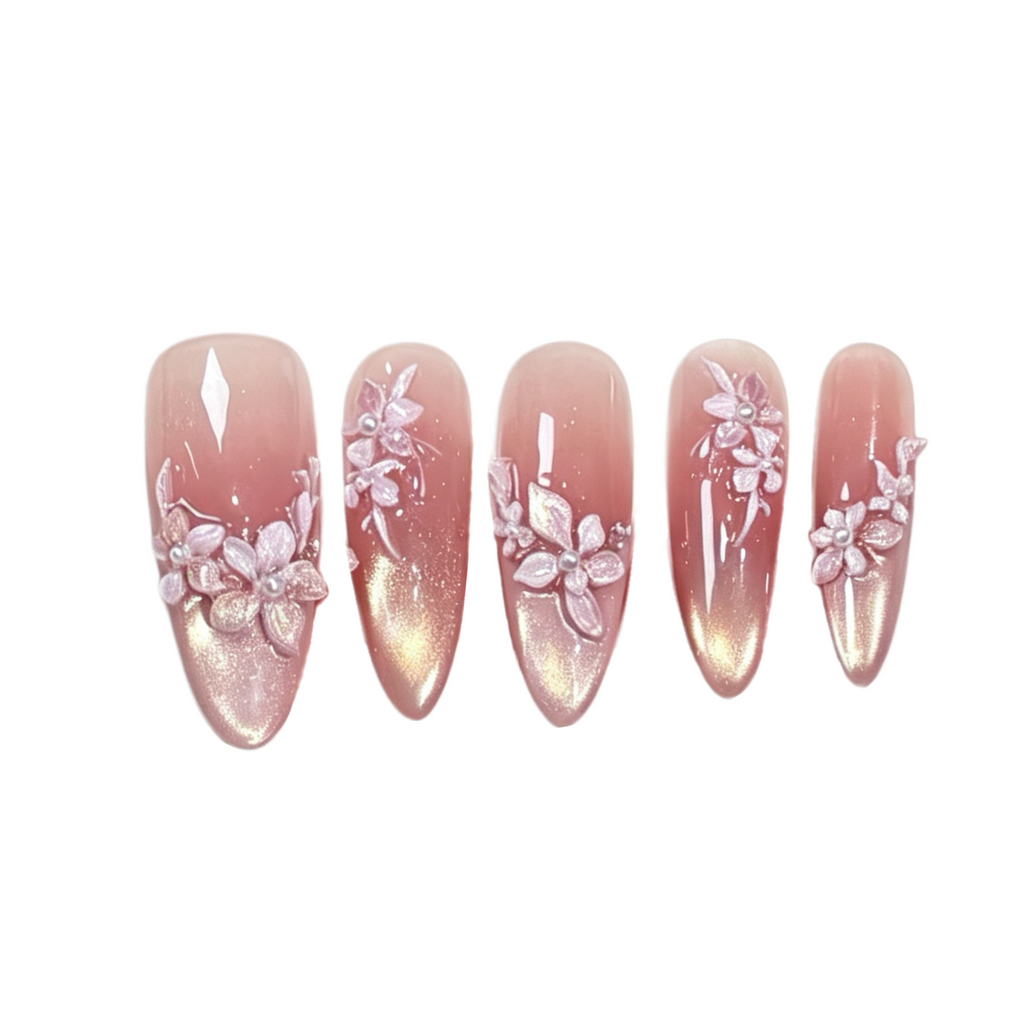 Set of five pink nail art designs with floral patterns on a white background