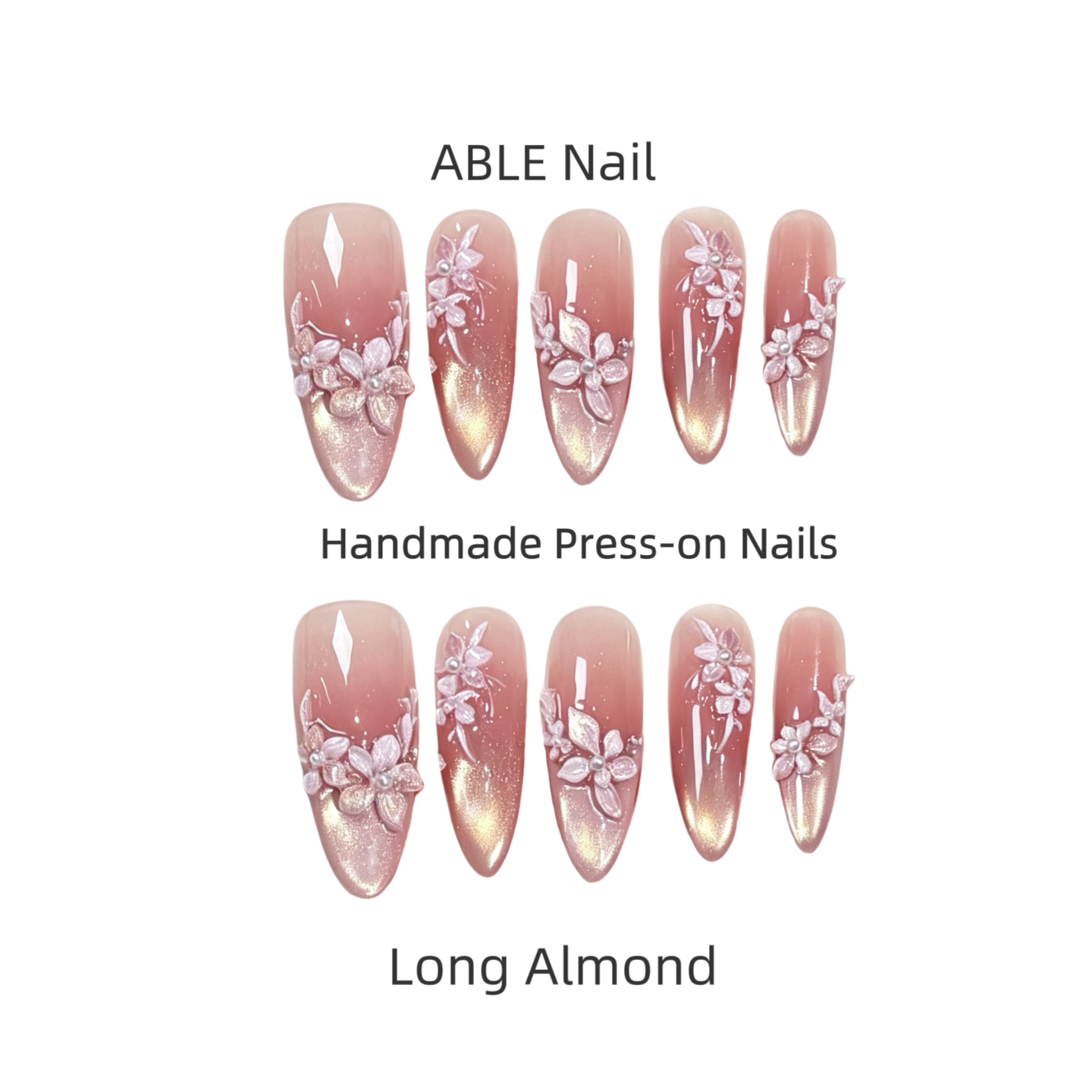 Handmade press-on nails with floral design labeled 'ABLE Nail' on a white background.