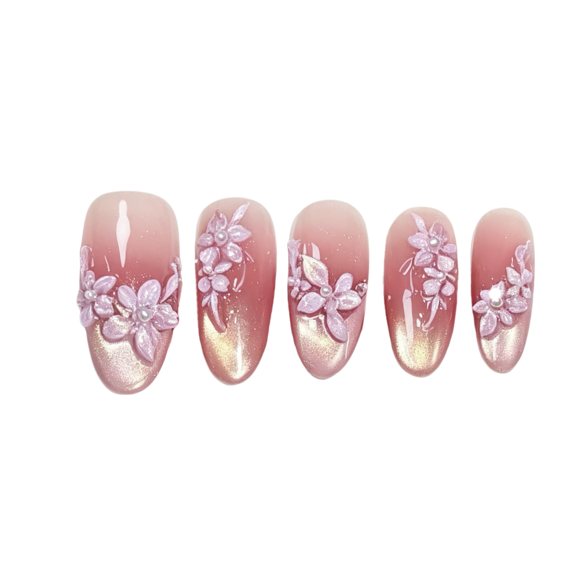 Set of five pink nail designs with floral patterns on a white background