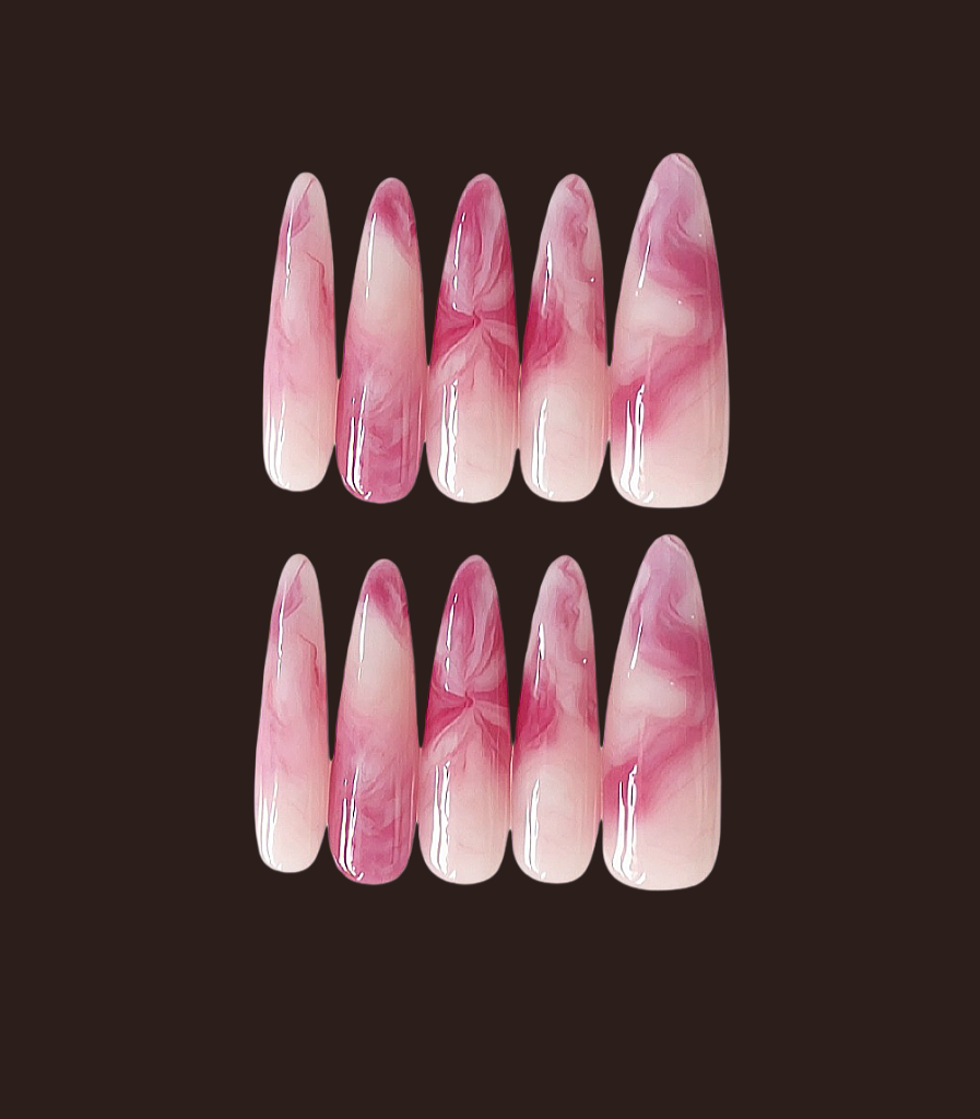 Set of pink and white marbled nail art designs on a dark background