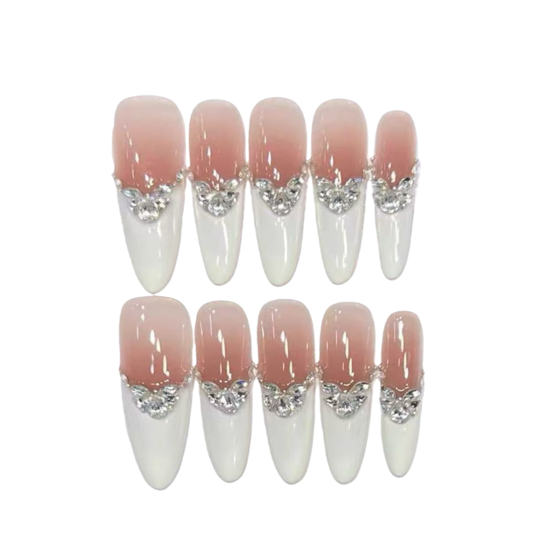 Set of false nails with pink and white design on a white background