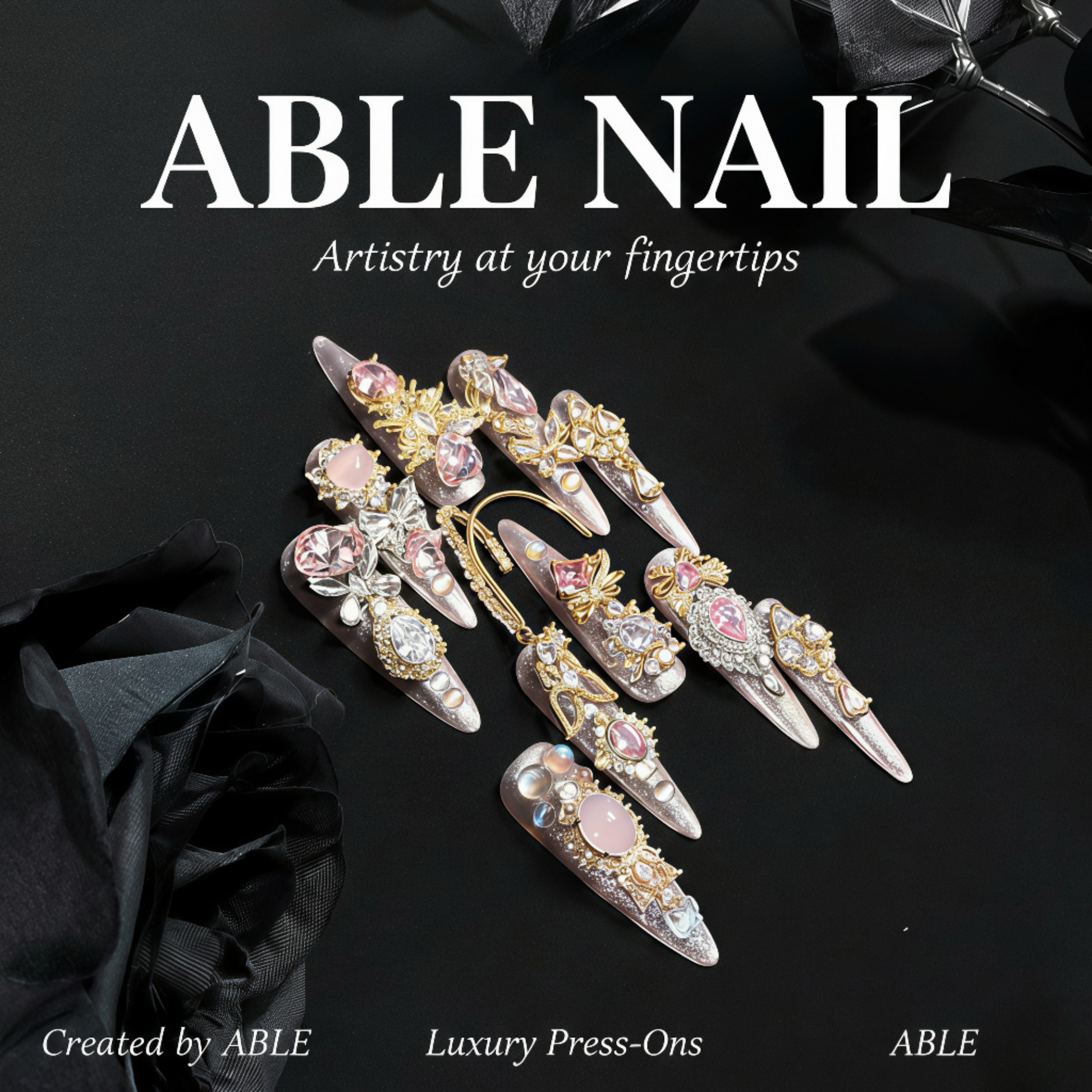 Decorative nail art press-ons with 'ABLE NAIL' branding on a black background