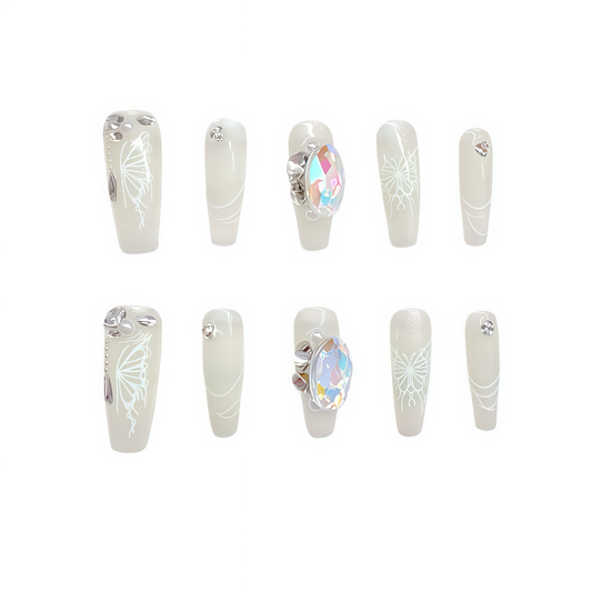 Luxury Butterfly Crystal Press On Nails | Frosted White Fairycore False Nails