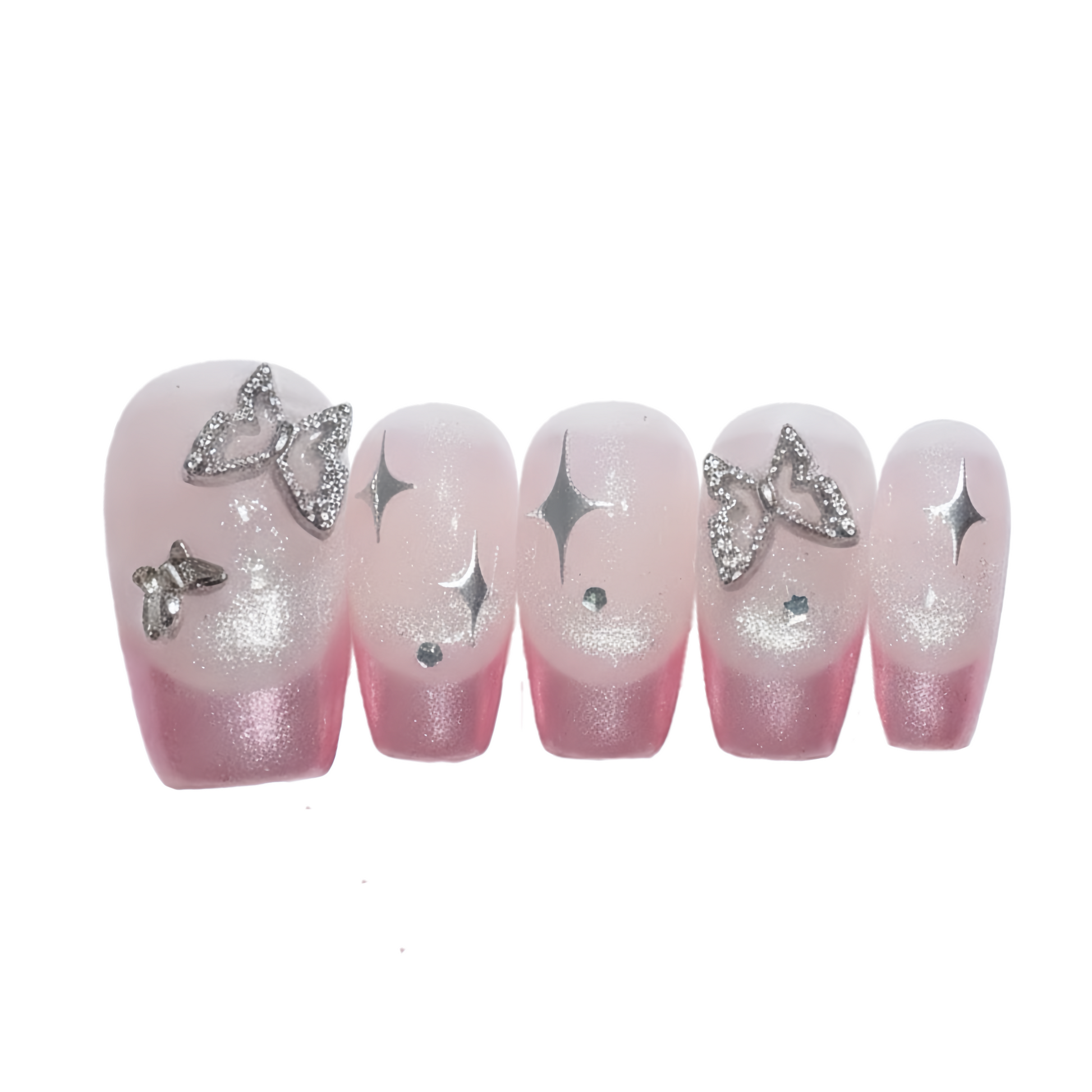 Set of pink gradient nails with decorative elements on a white background