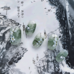 Green jade stones with floral designs on a black and white artistic background