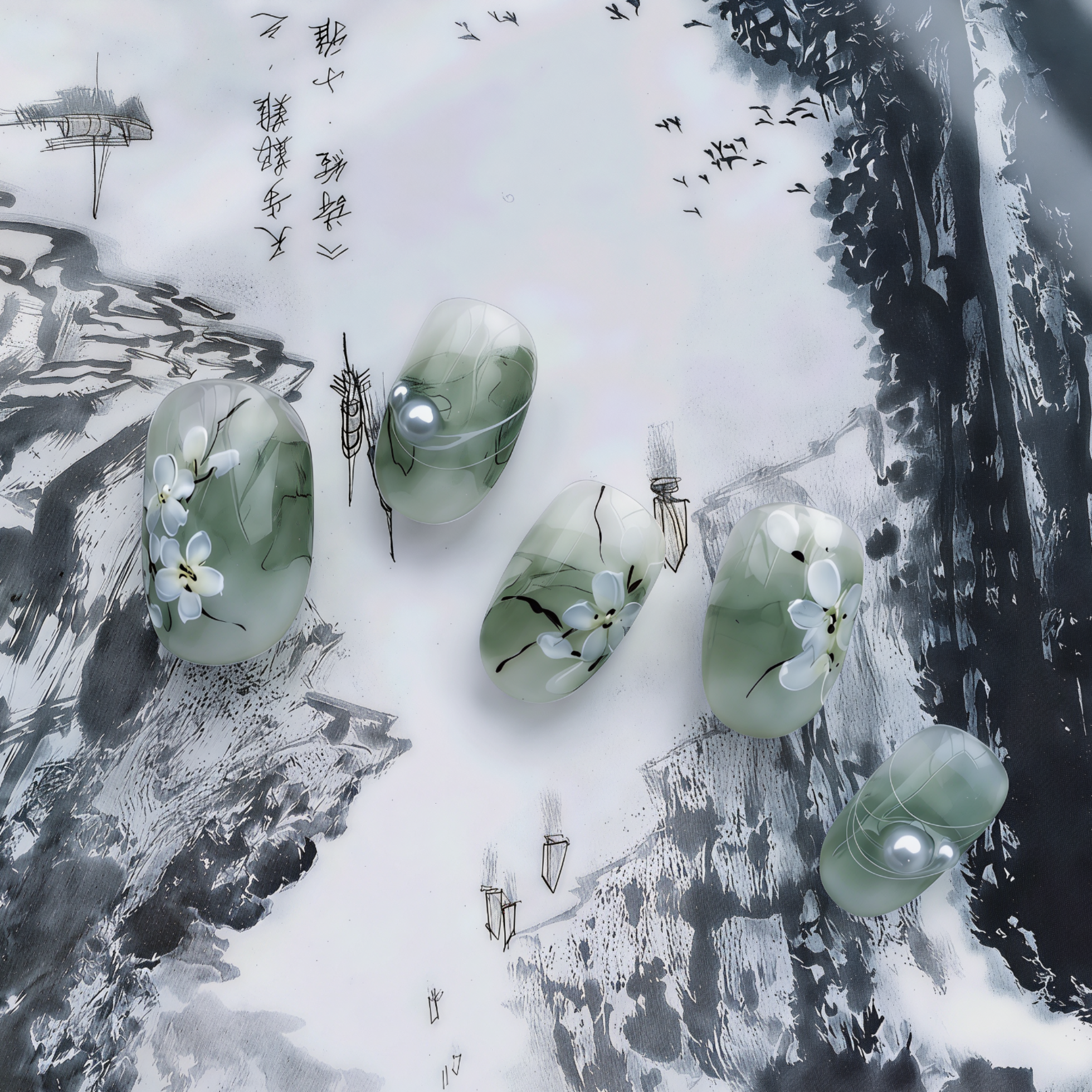 Green jade stones with floral designs on a black and white artistic background