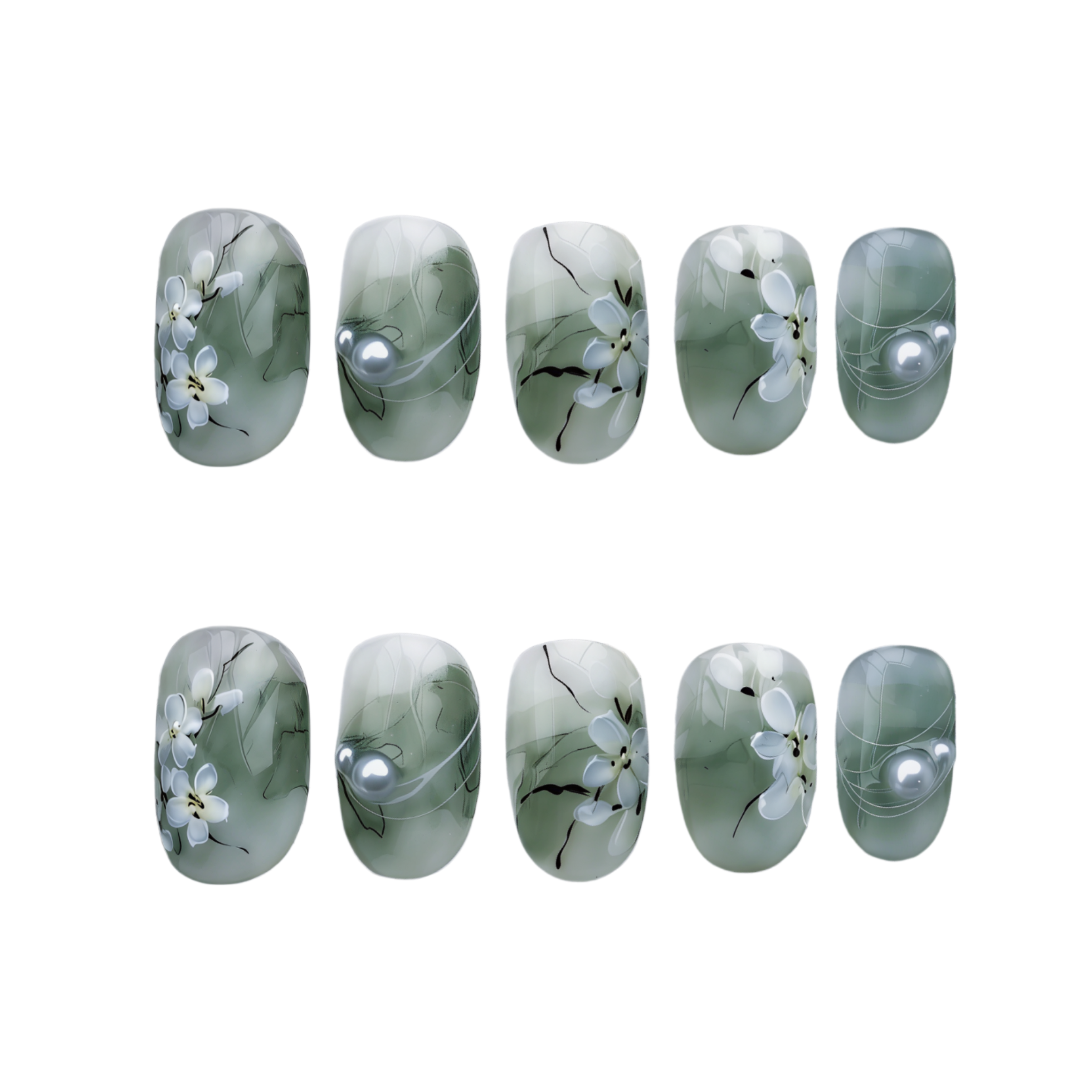 Set of green nail wraps with floral design and pearls on a white background