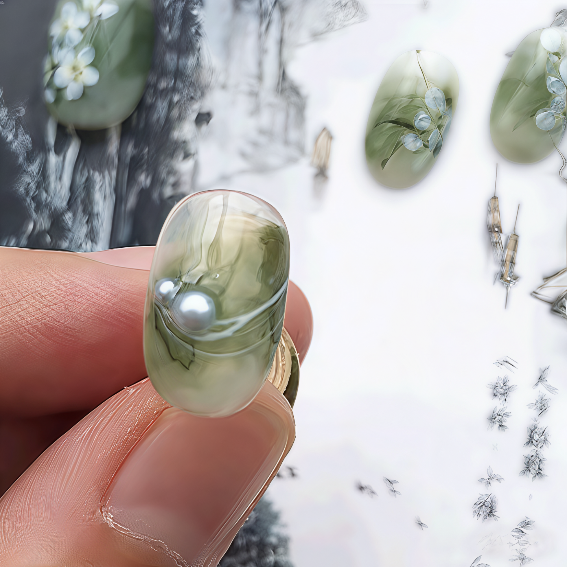 Green nail art with pearls held by a hand against a blurred natural background