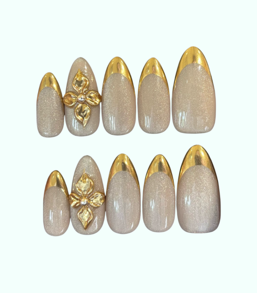 Set of beige and gold nail art designs on a white background