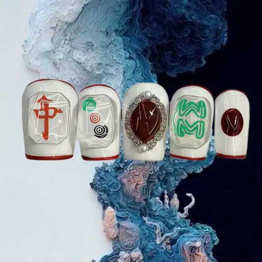 Set of five decorative items with unique designs on a textured blue and white background