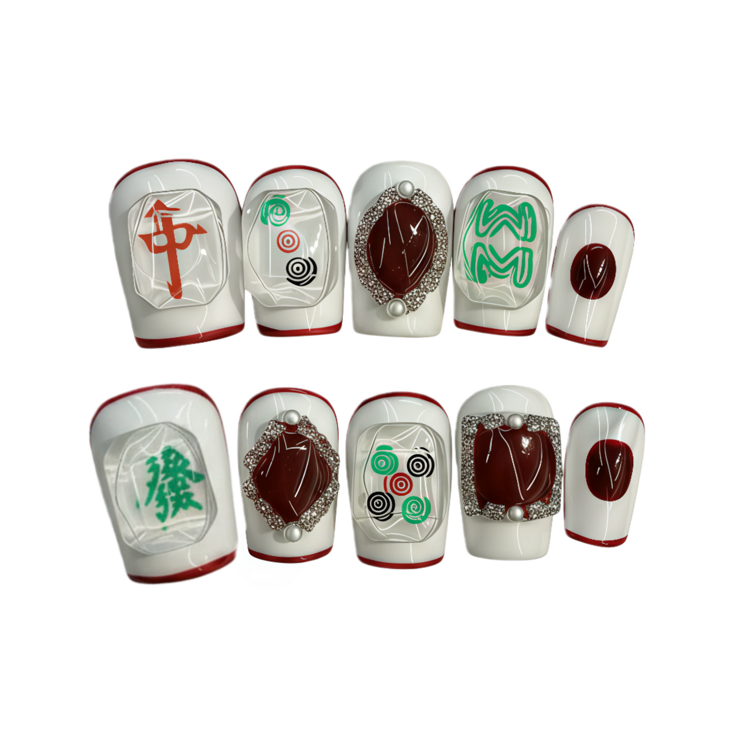 Set of knee pads with decorative designs on a white background