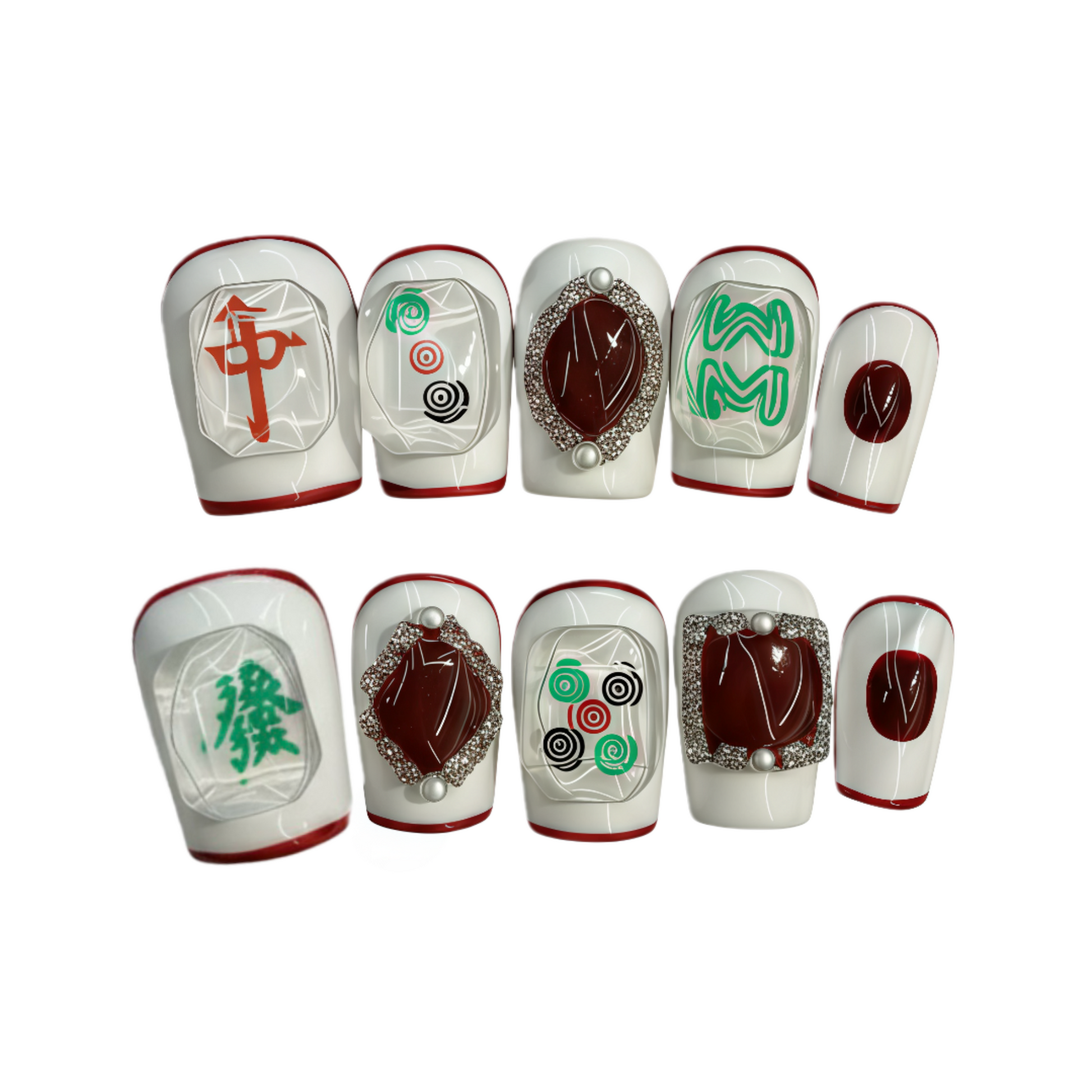 Set of knee pads with decorative designs on a white background