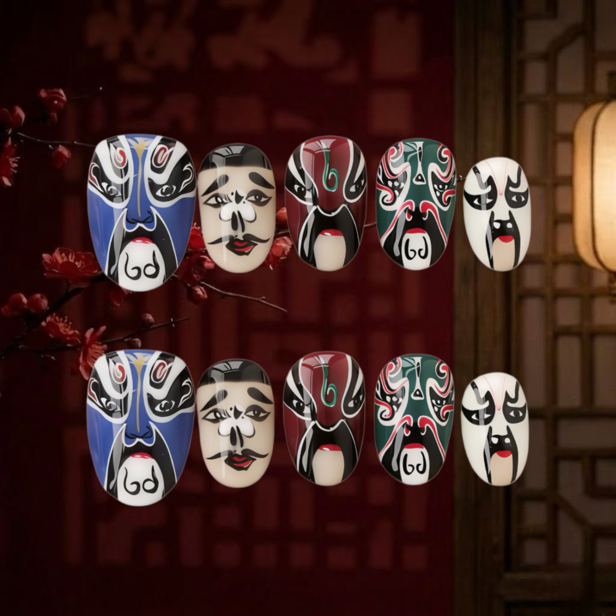Set of traditional Chinese opera masks on a dark background with cherry blossoms.