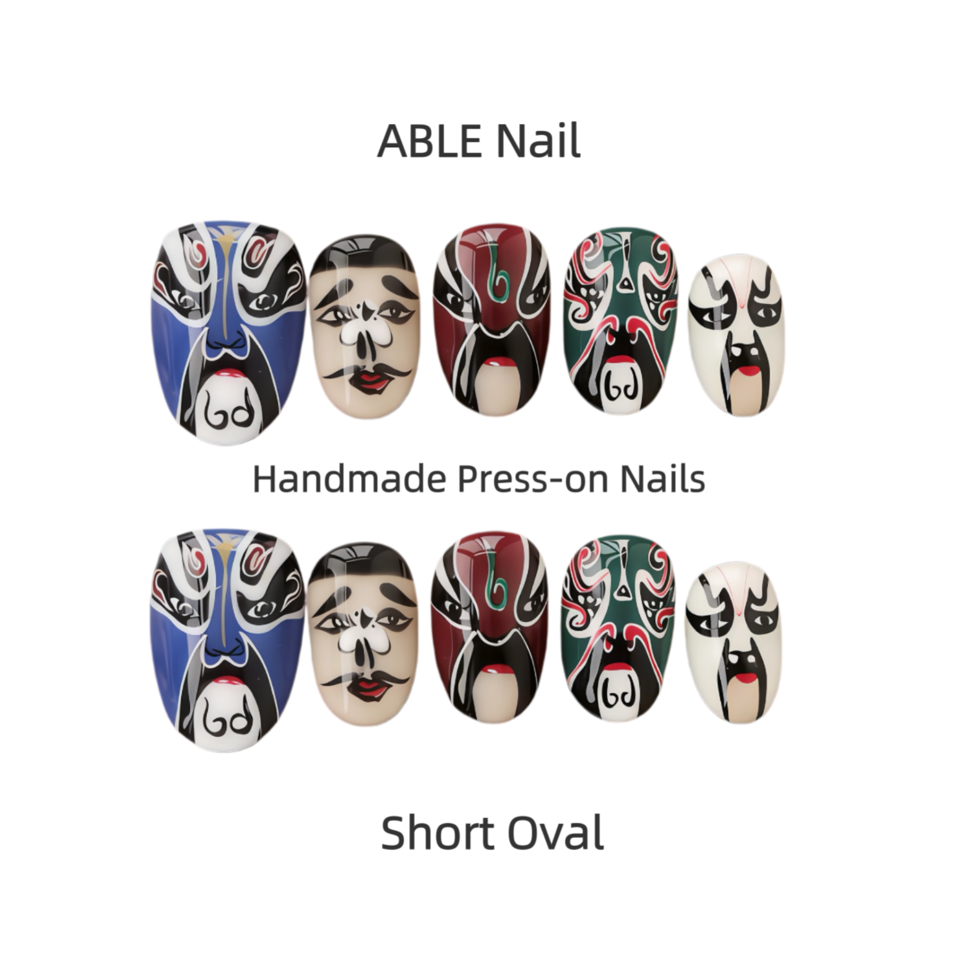 Handmade press-on nails with artistic designs on a white background, labeled 'ABLE Nail'.