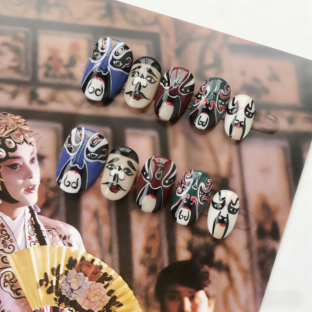 Traditional Chinese opera masks displayed against a blurred background of an opera performer.