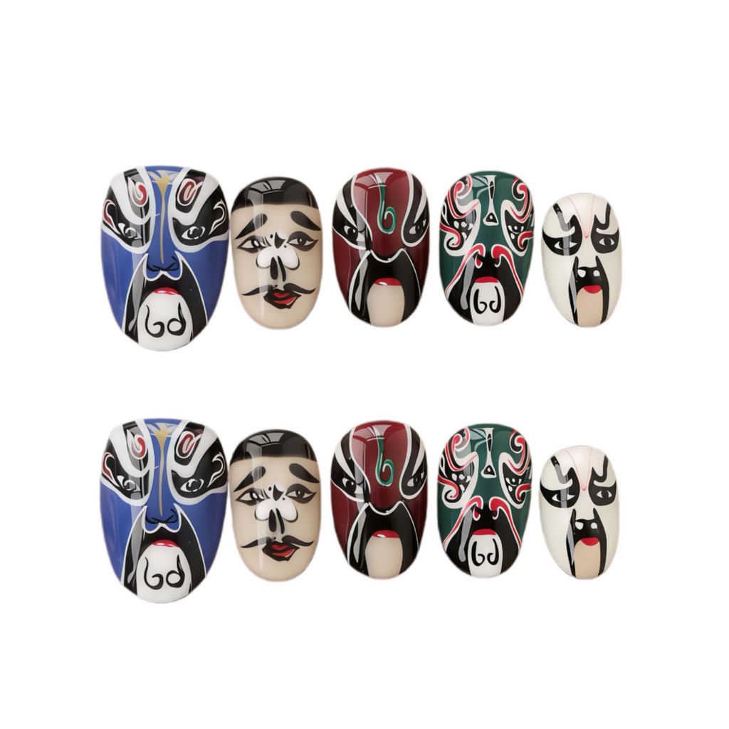 Nail art designs inspired by traditional masks on a white background