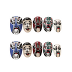 Nail art designs inspired by traditional masks on a white background