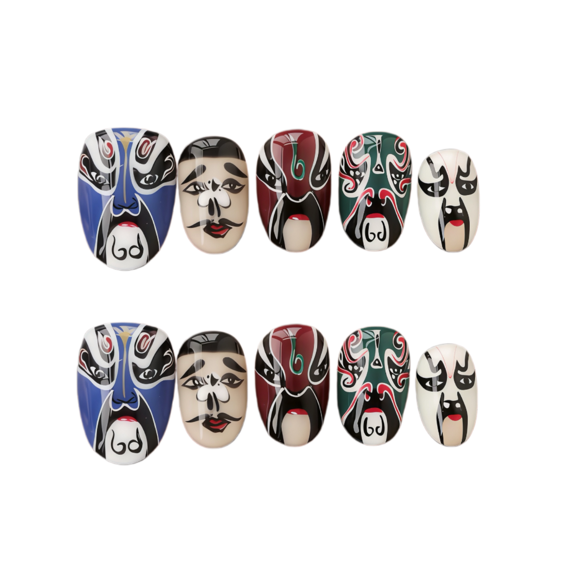 Nail art designs inspired by traditional masks on a white background