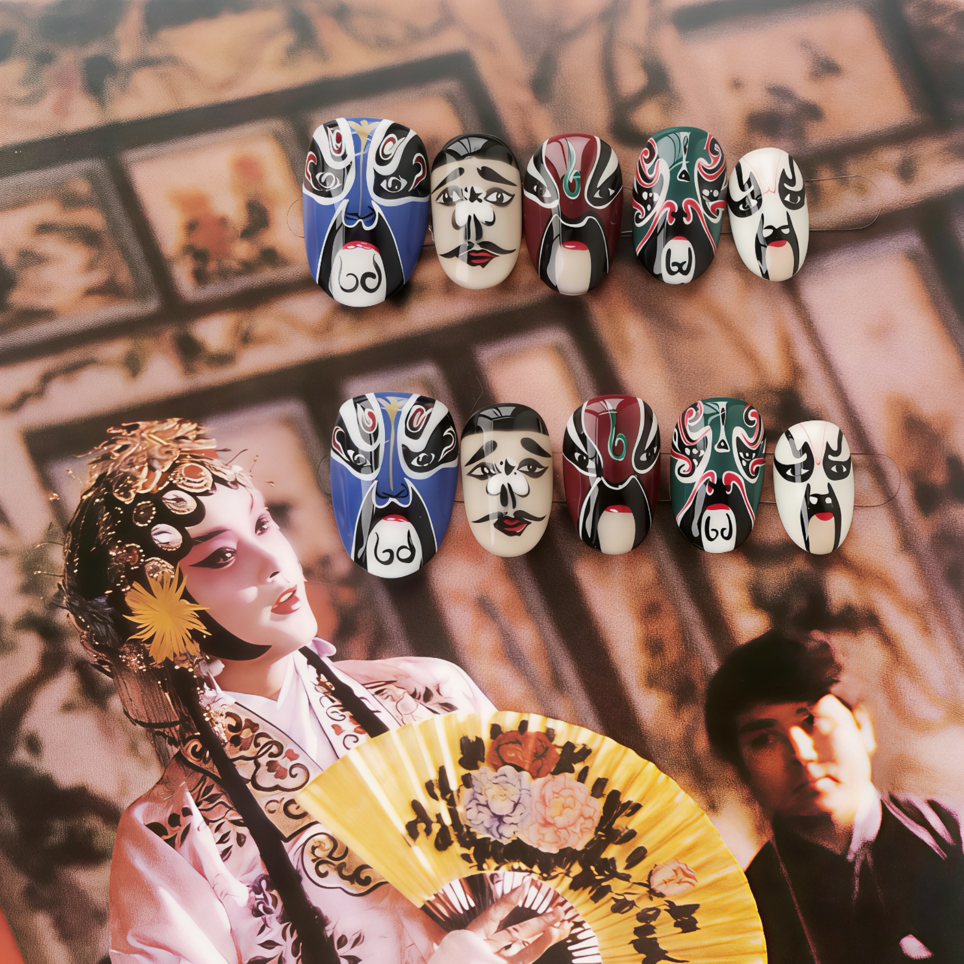 Traditional Chinese opera masks with a performer in costume holding a fan in the background.