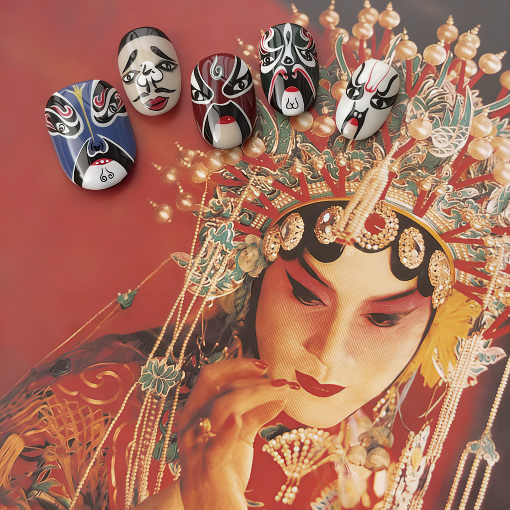 Nail art designs inspired by traditional Chinese opera masks on a decorative background.