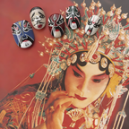 Nail art designs inspired by traditional Chinese opera masks on a decorative background.