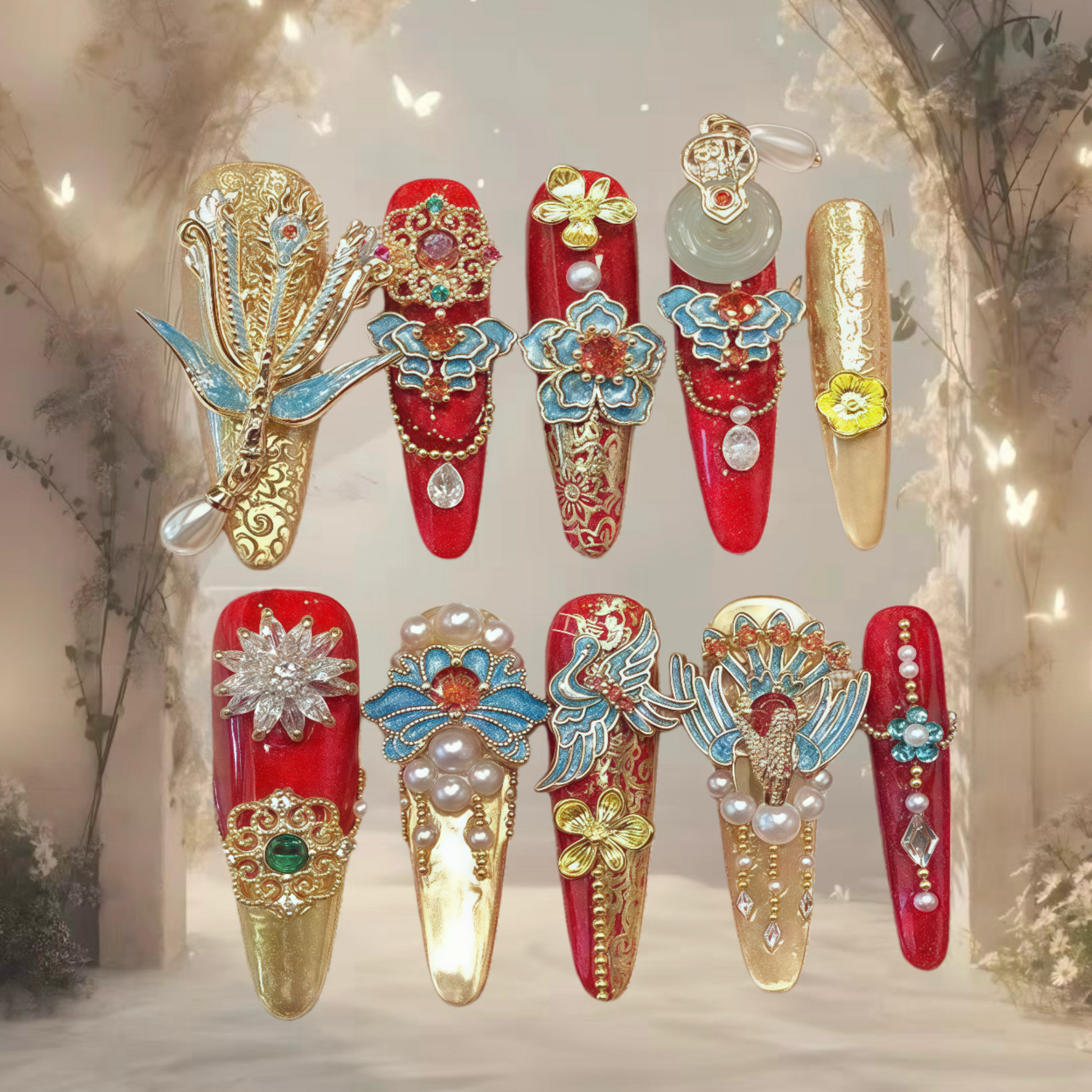 Decorative nail art designs with gold, red, and blue elements on a neutral background.