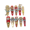 Decorative nail art designs with red, gold, and blue colors on a white background