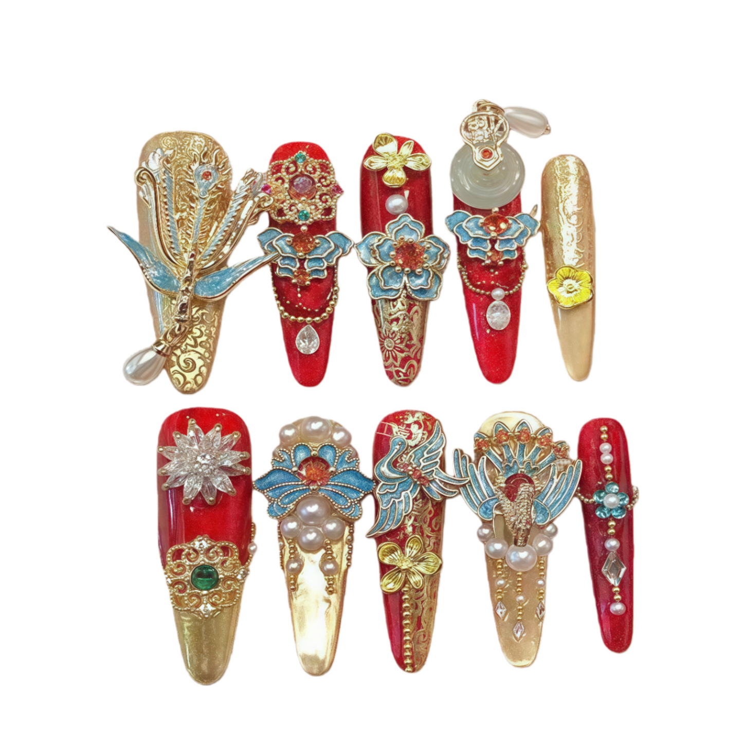 Decorative nail art designs with red, gold, and blue colors on a white background