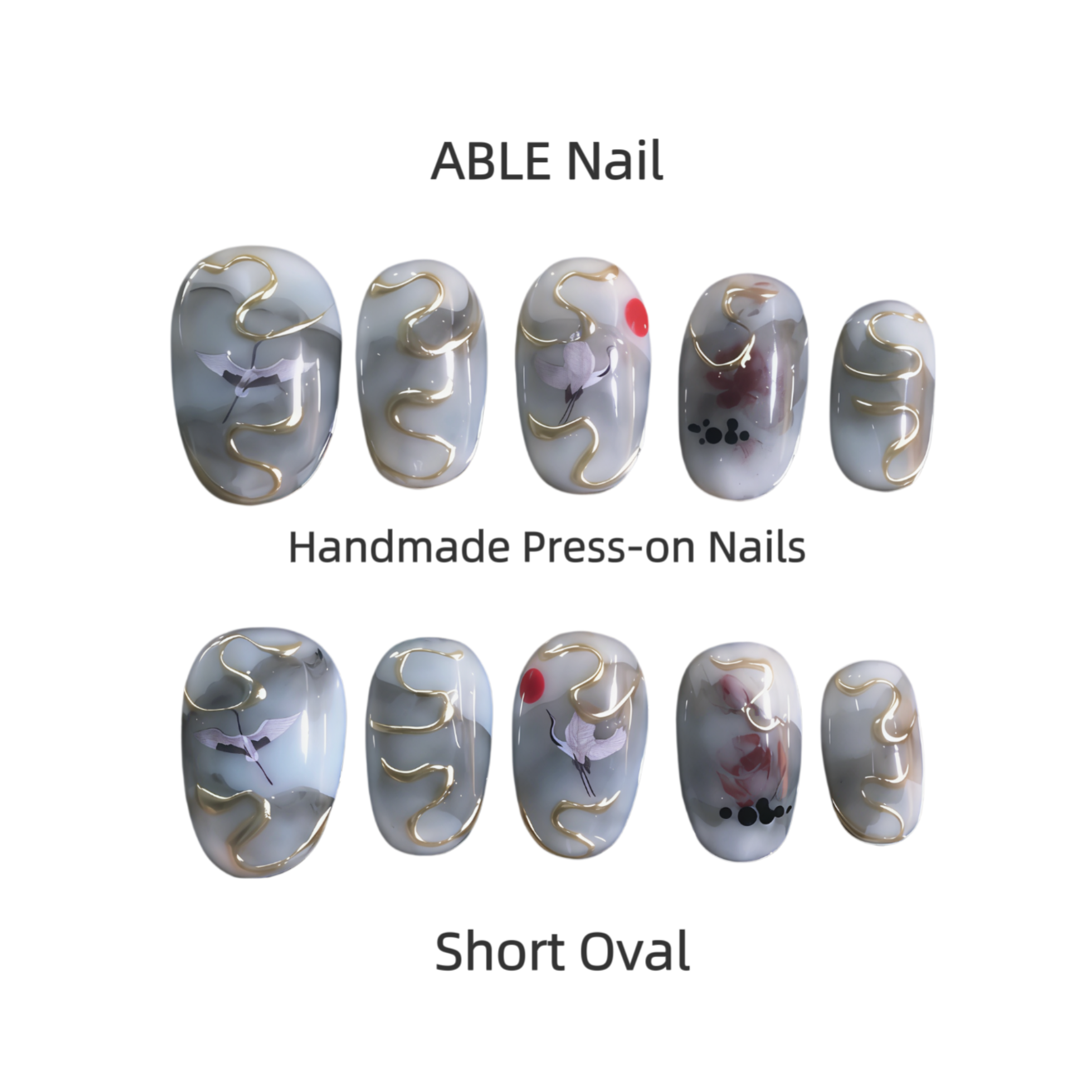 Handmade press-on nails with decorative designs on a white background, labeled 'ABLE Nail'.