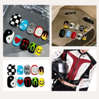 Collection of colorful nail art designs on a gray surface, with a person wearing a motorcycle jacket and helmet in the background.