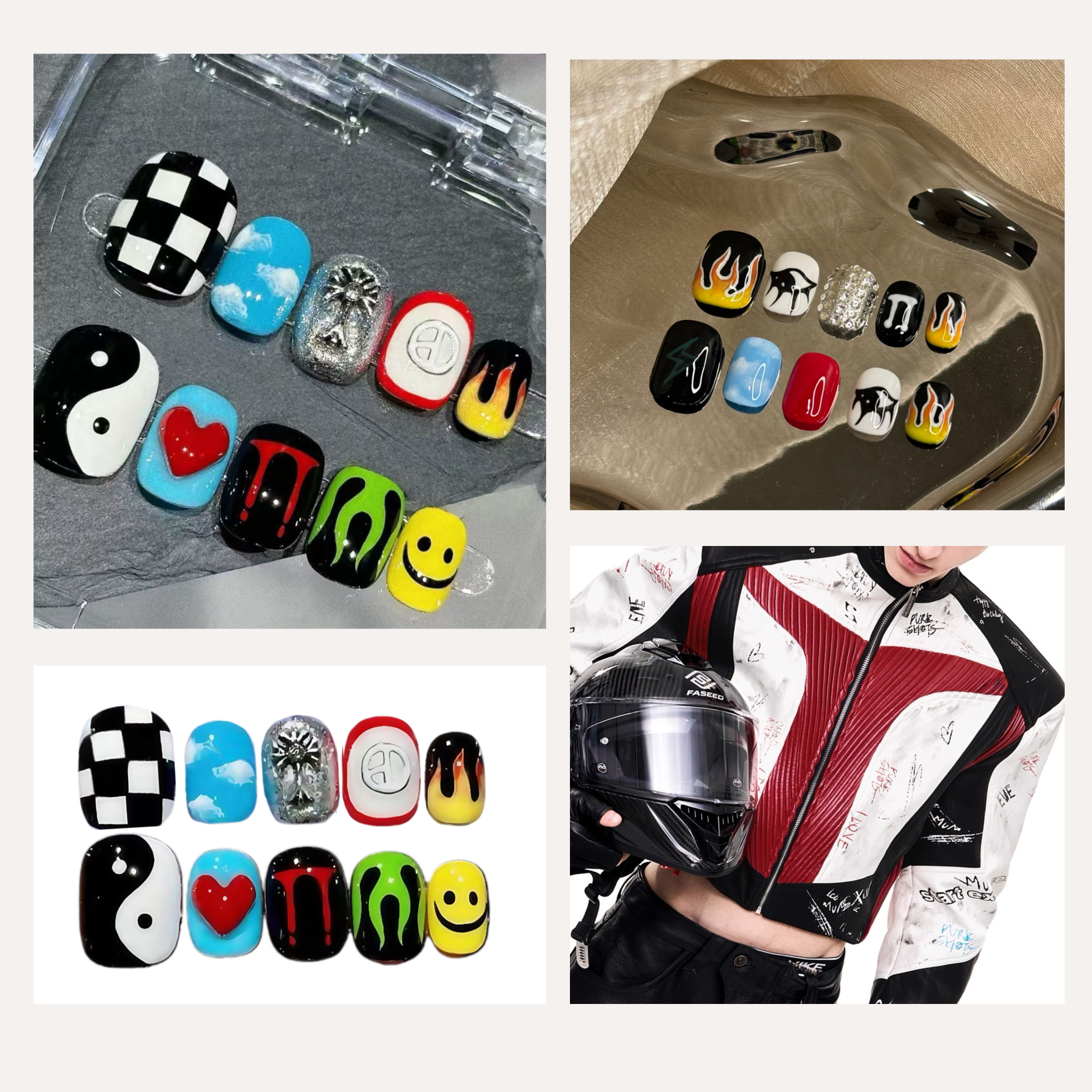 Collection of colorful nail art designs on a gray surface, with a person wearing a motorcycle jacket and helmet in the background.