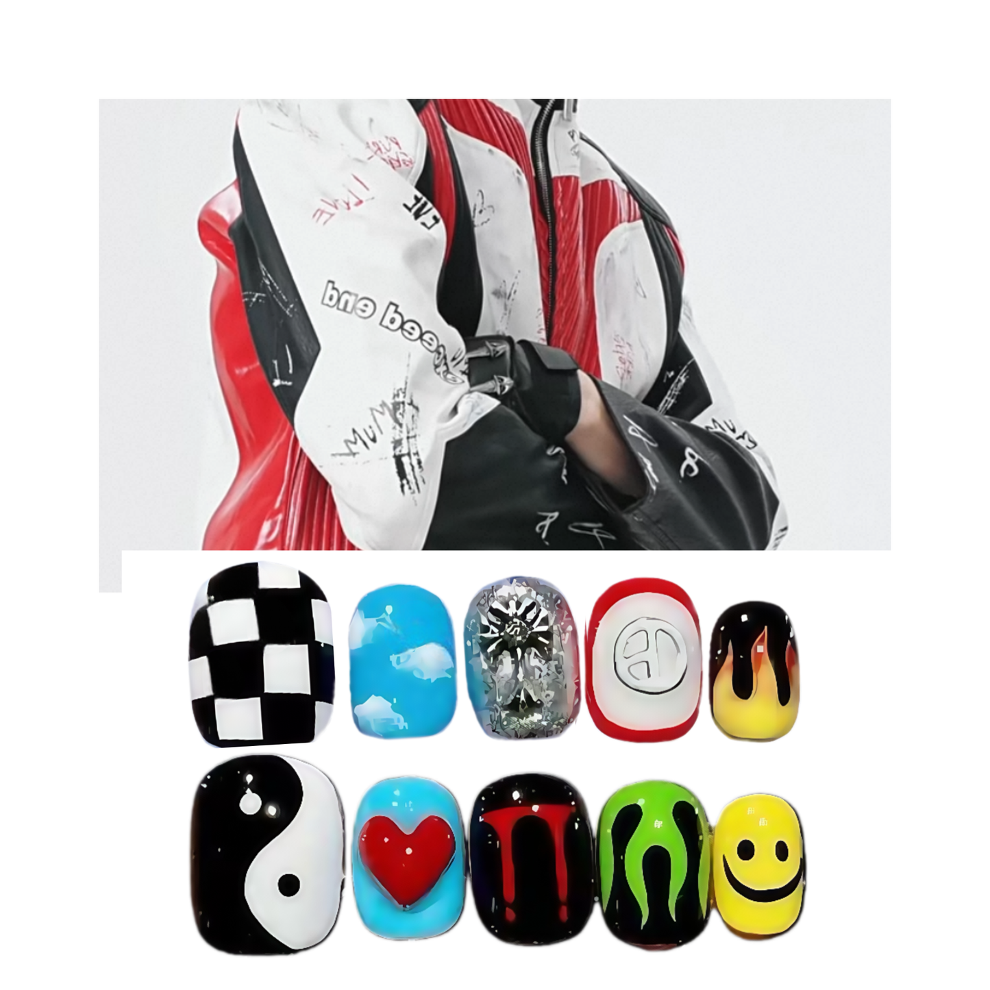 Colorful nail art designs with a person wearing a red, white, and black outfit in the background.