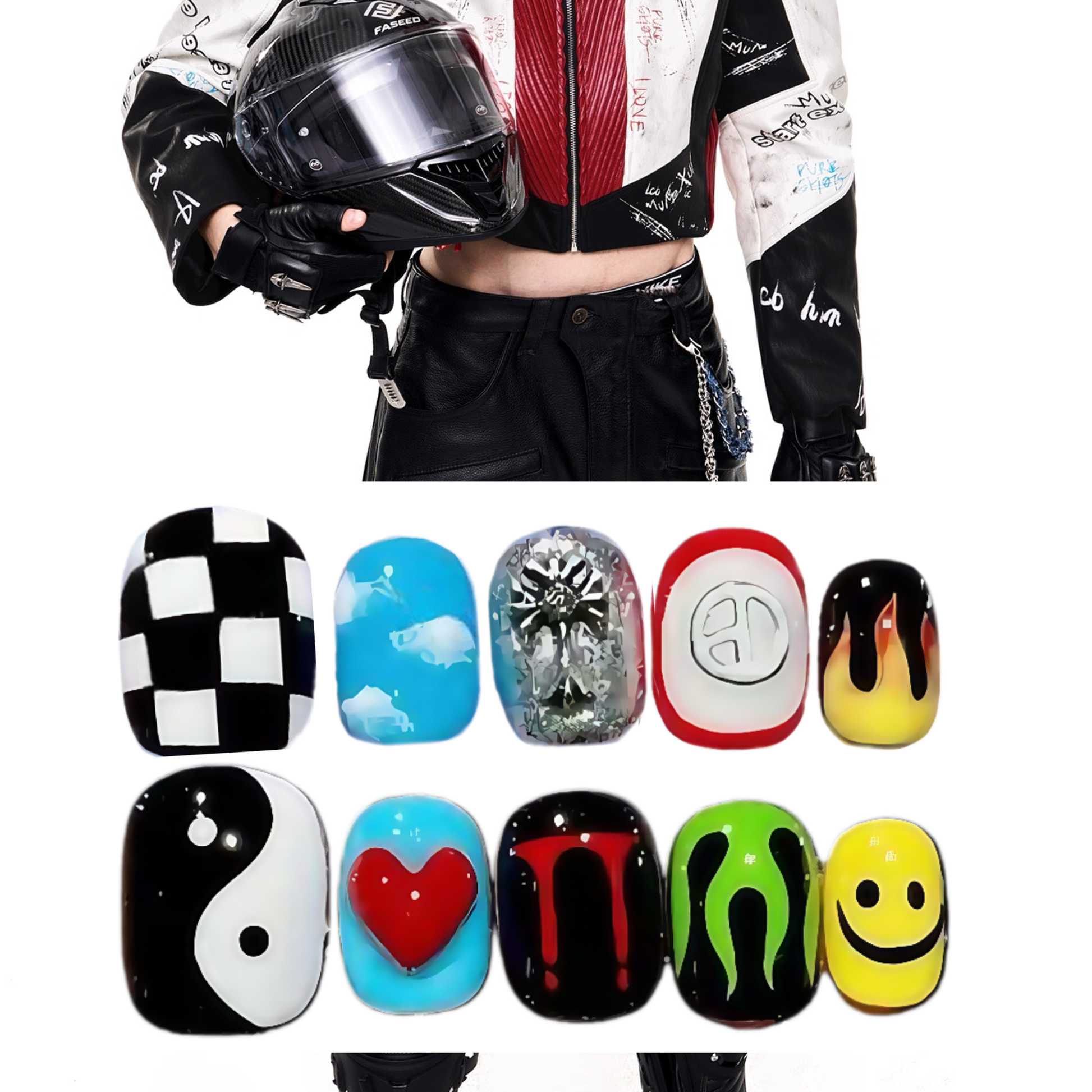 Person wearing a motorcycle helmet and jacket with colorful nail art designs displayed below.