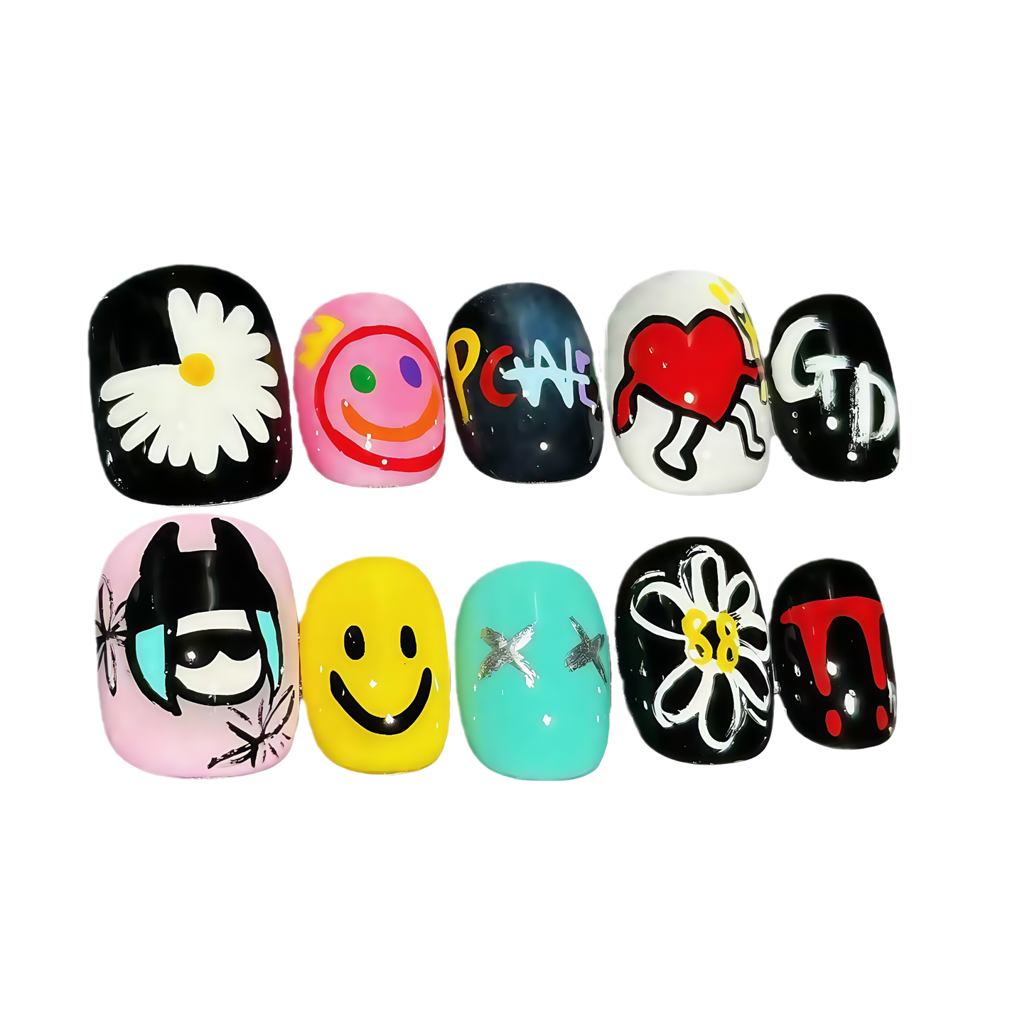 Set of colorful nail art designs on a white background