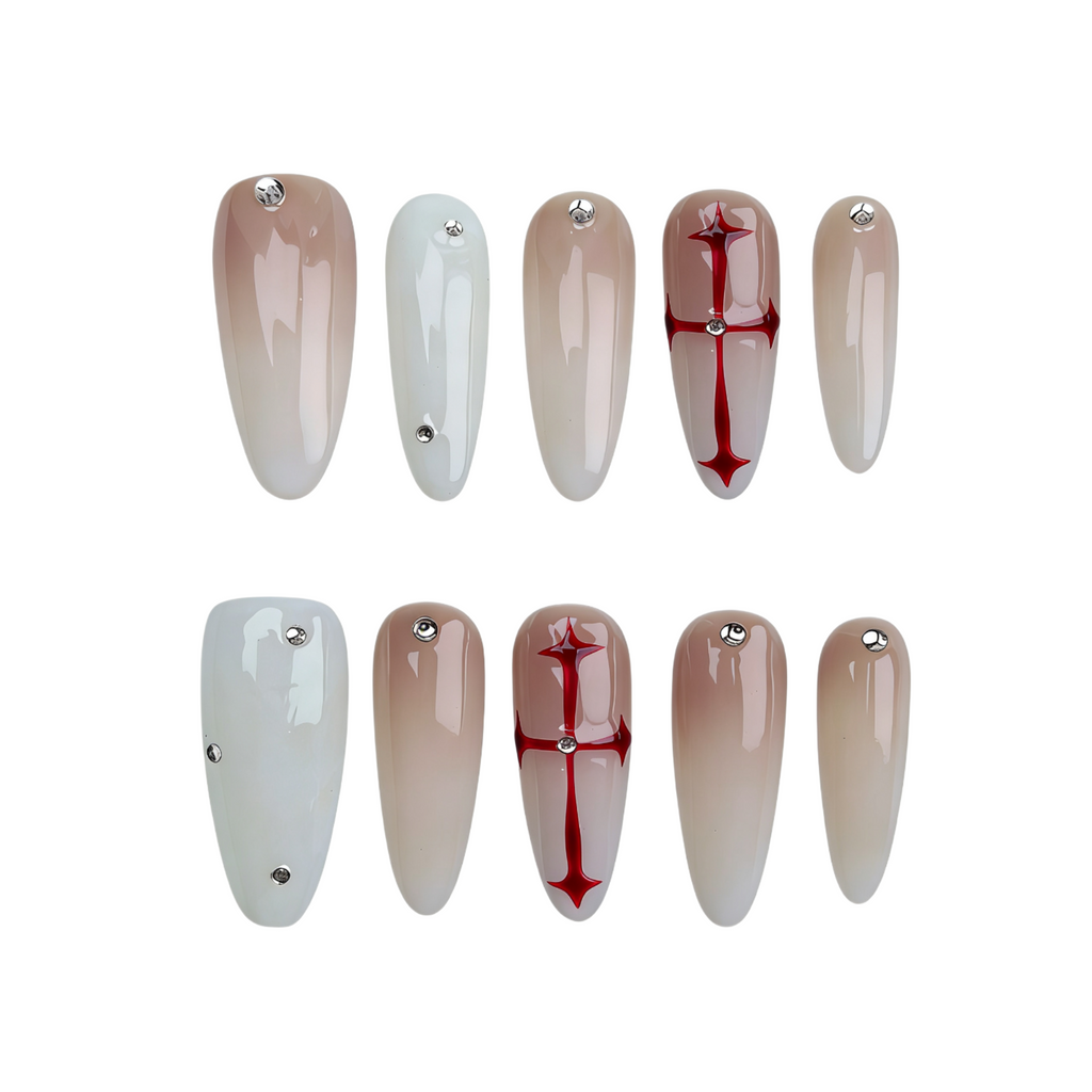 Set of gradient nail designs with red accents on a white background