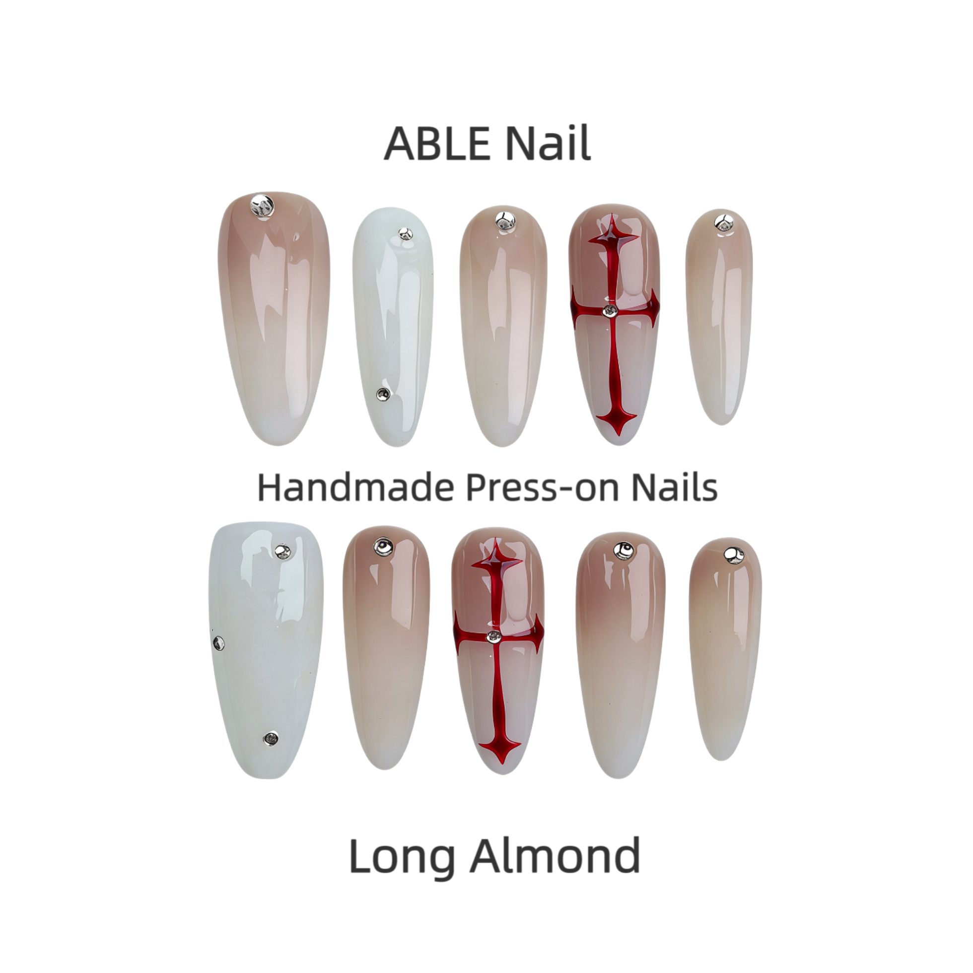 Set of ABLE Nail handmade press-on nails in long almond shape on a white background.