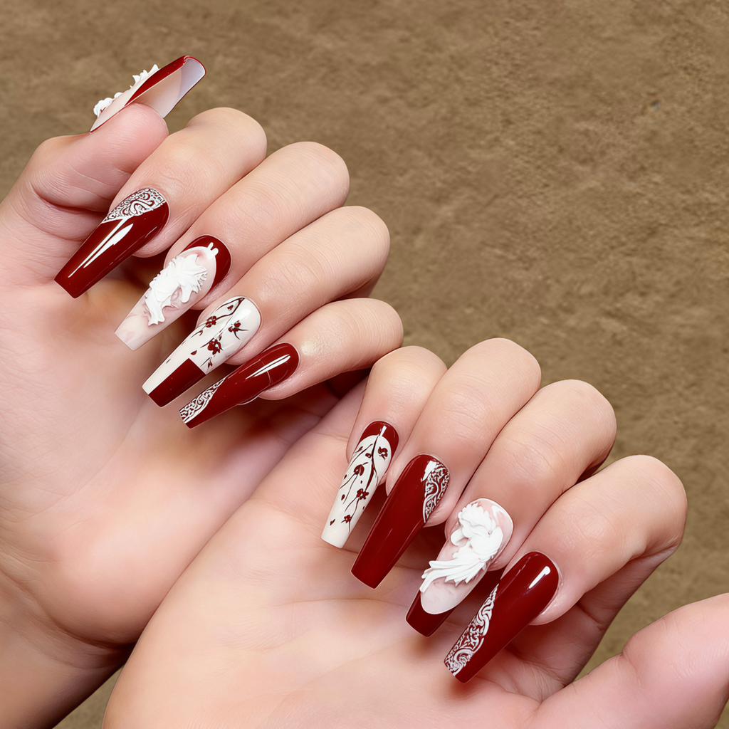 Nails with red and white design on a brown background