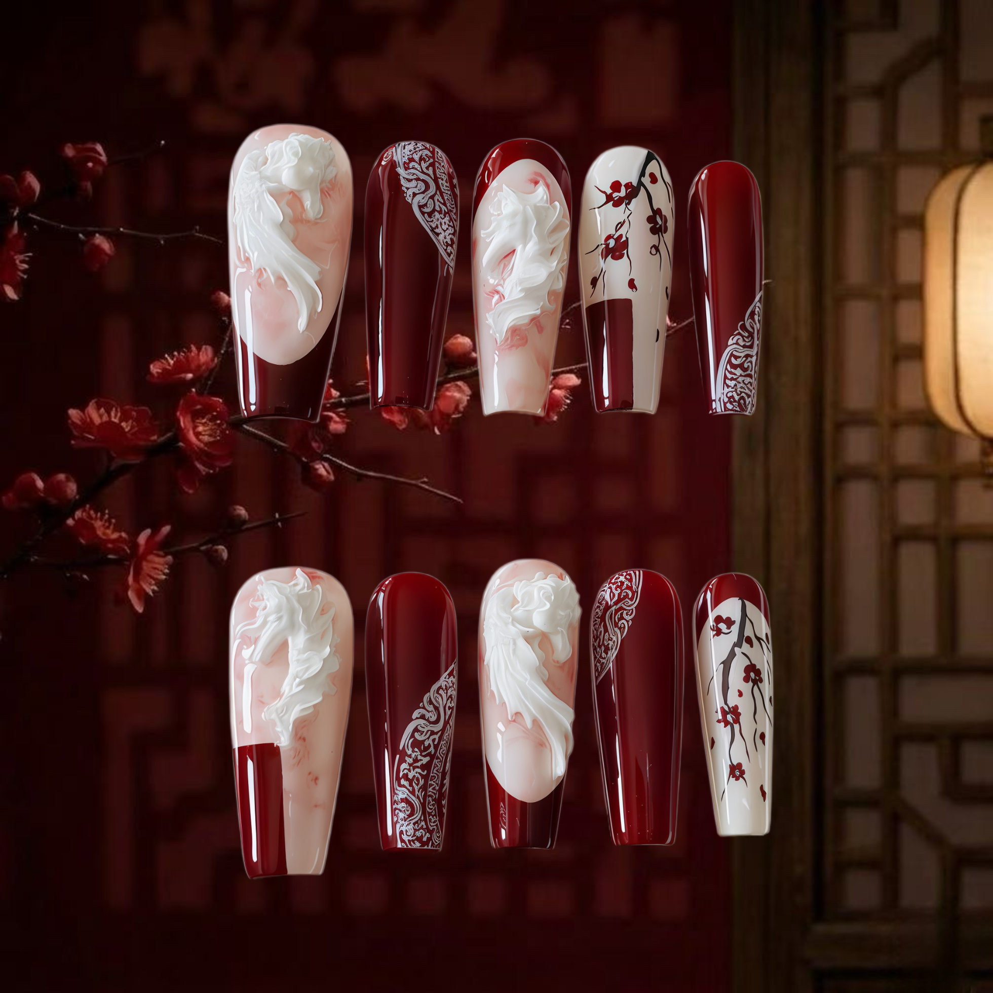 Nail art display with red and white designs on a dark background