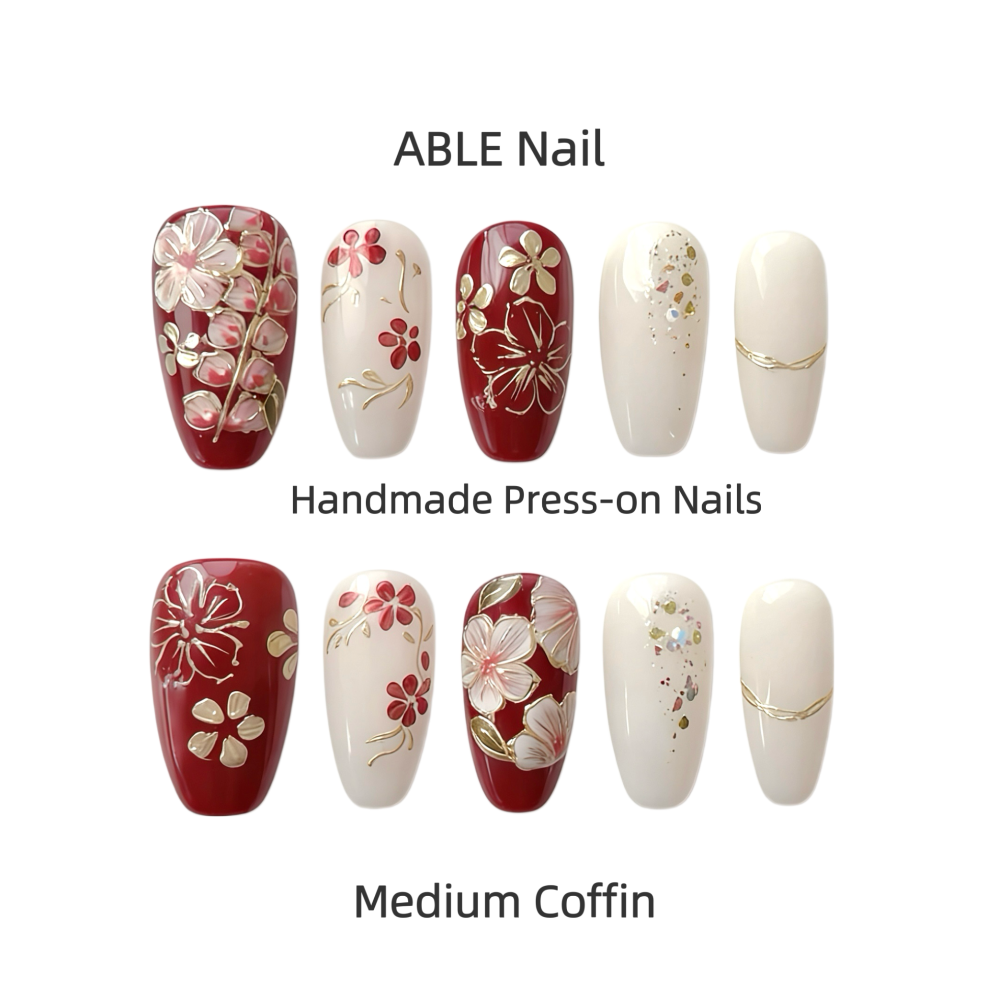 Handmade press-on nails with floral designs on a white background, branded 'ABLE Nail'.