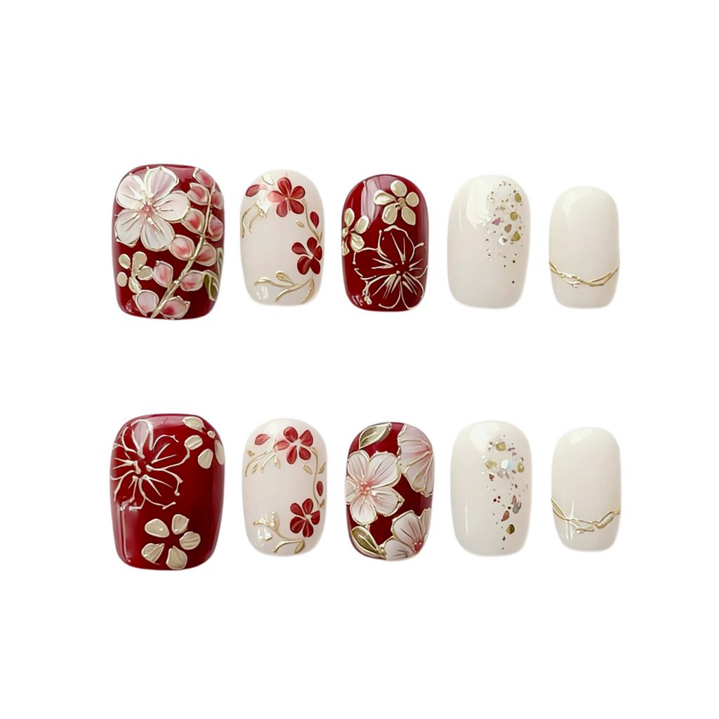 Set of nail art designs with floral patterns on a white background