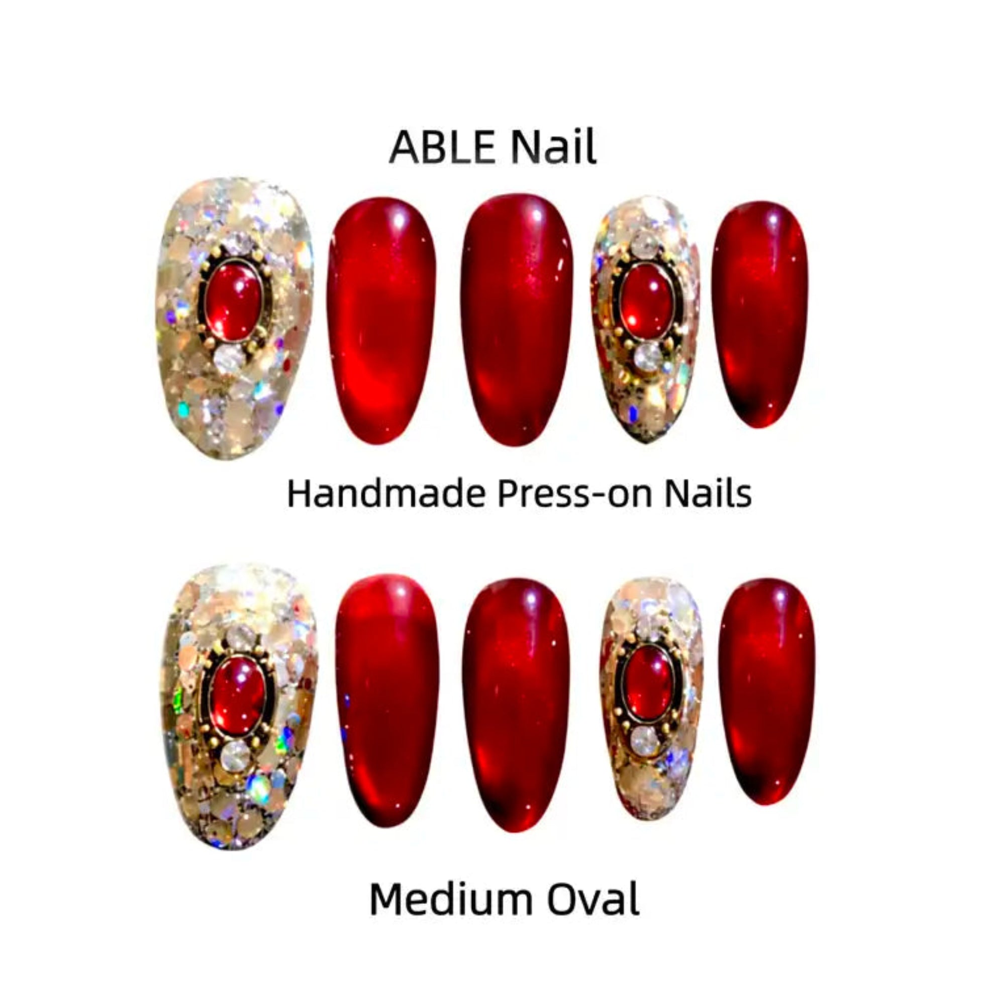 Handmade press-on nails with red and gold design on a white background, labeled 'ABLE Nail'.