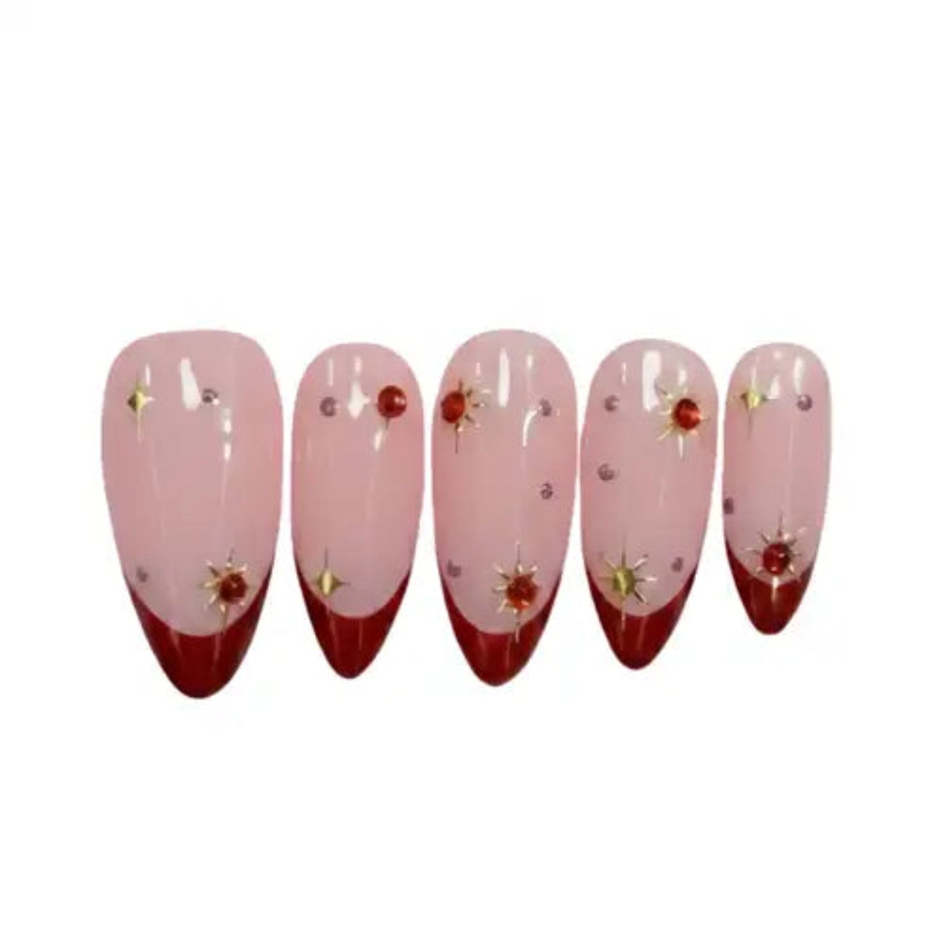 Set of five pink and red nail extensions with decorative elements on a white background